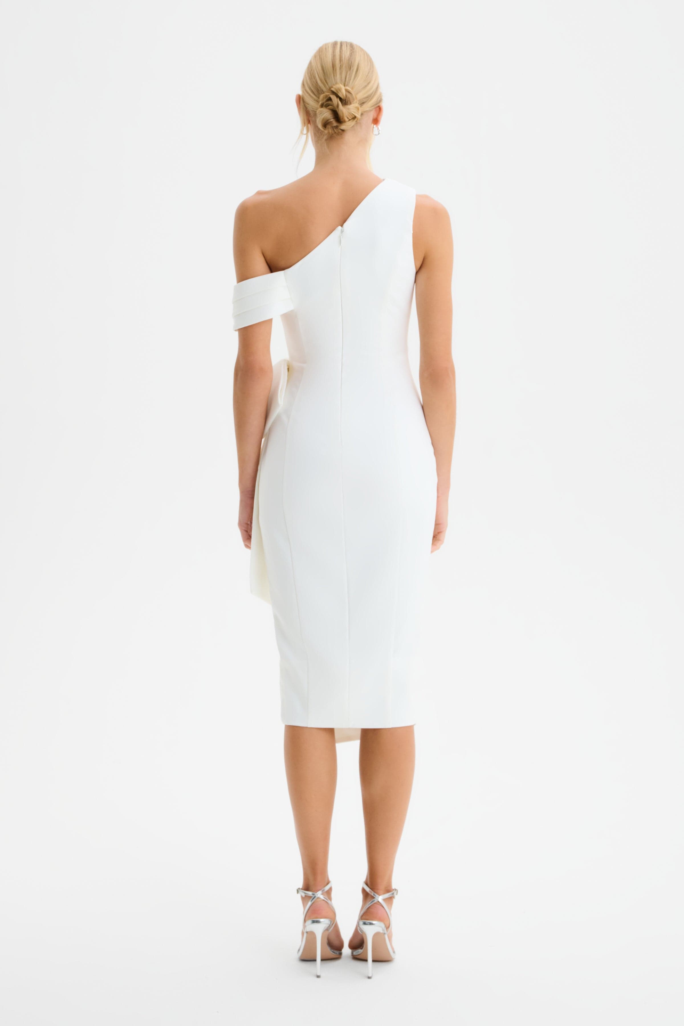 HONEY One Shoulder Pleated Bow Midi Dress in White