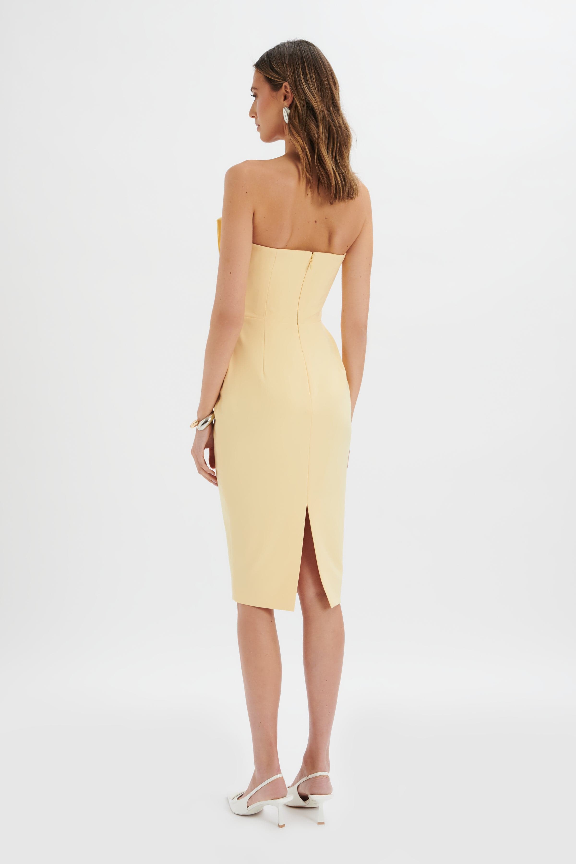IMOGENE Asymmetric Pleated Frill Detail Midi Dress in Butter Yellow