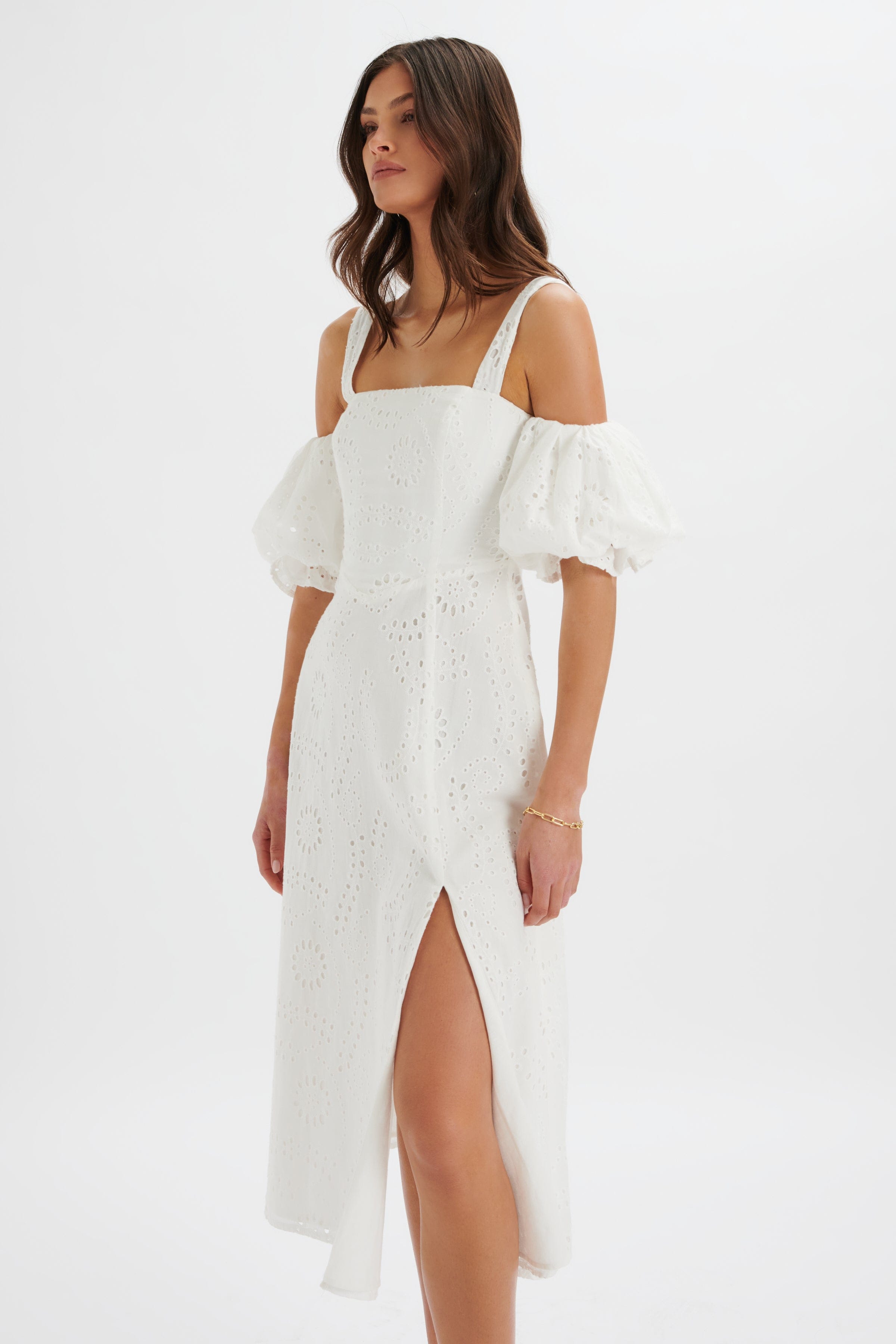 CHARLI Off Shoulder Broderie Midi Dress in White