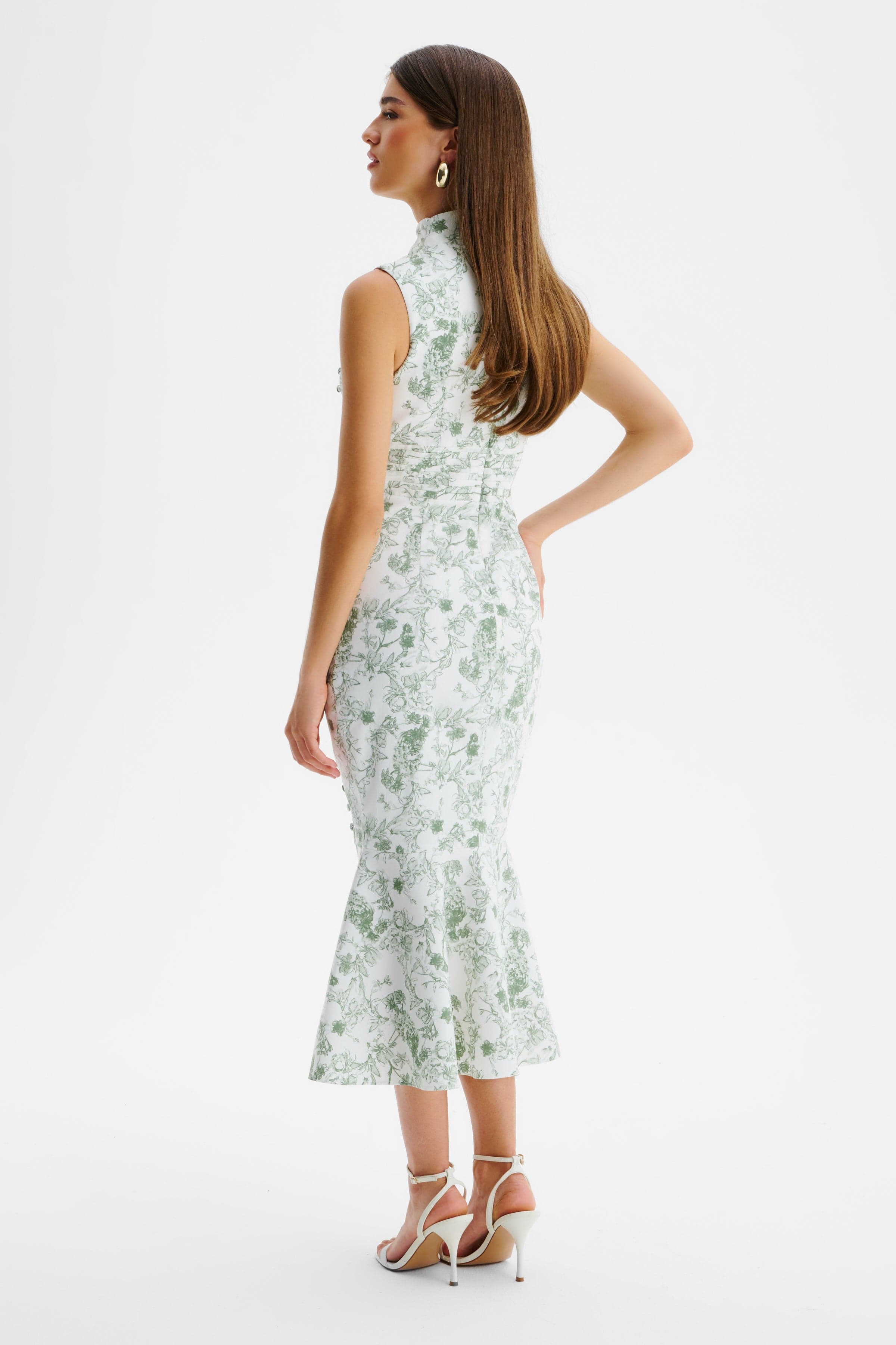 SAFFRON High Neck Crepe Midi Dress in Sage Porcelain Print