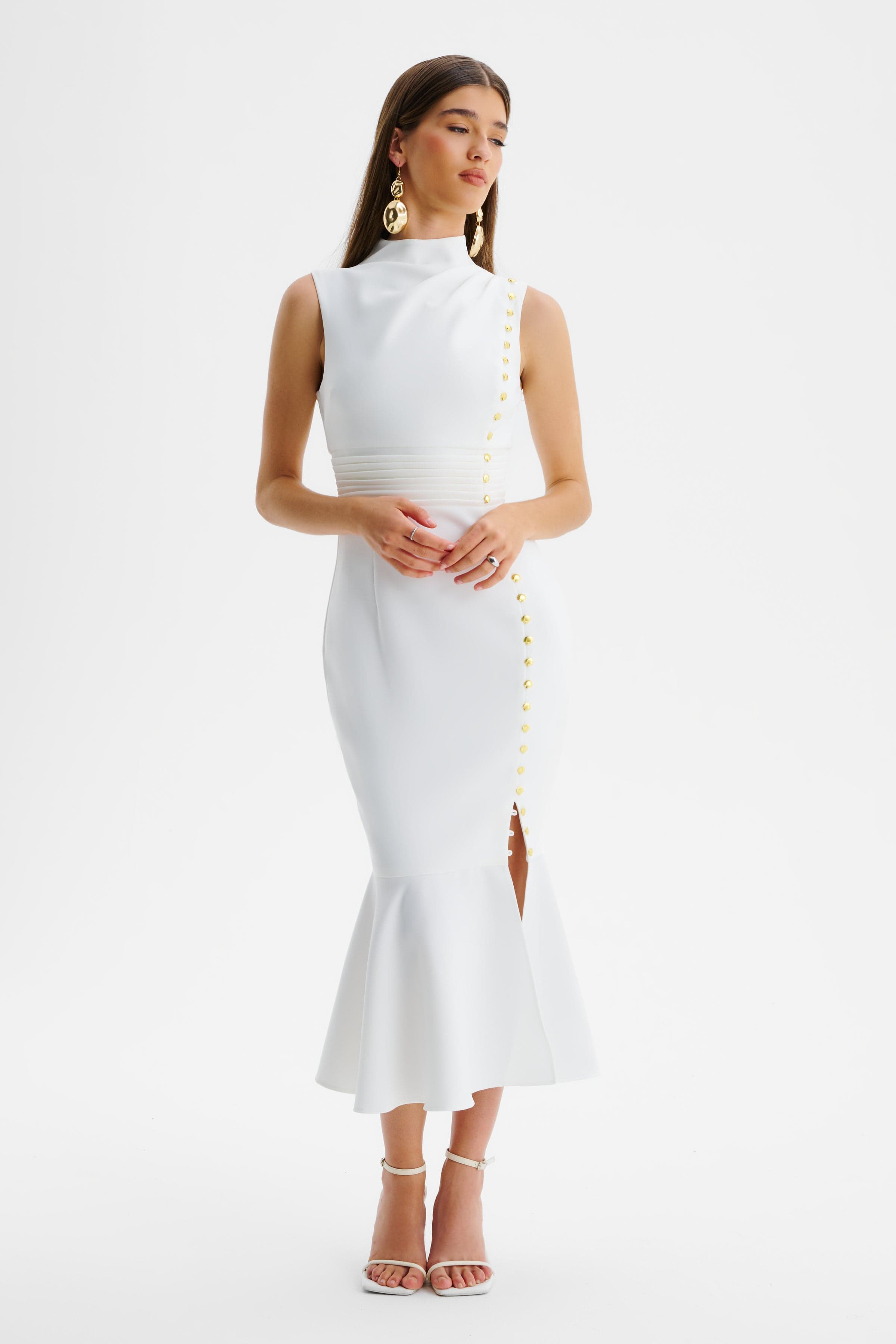 SAFFRON High Neck Micro Shell Button Midi Dress in White
