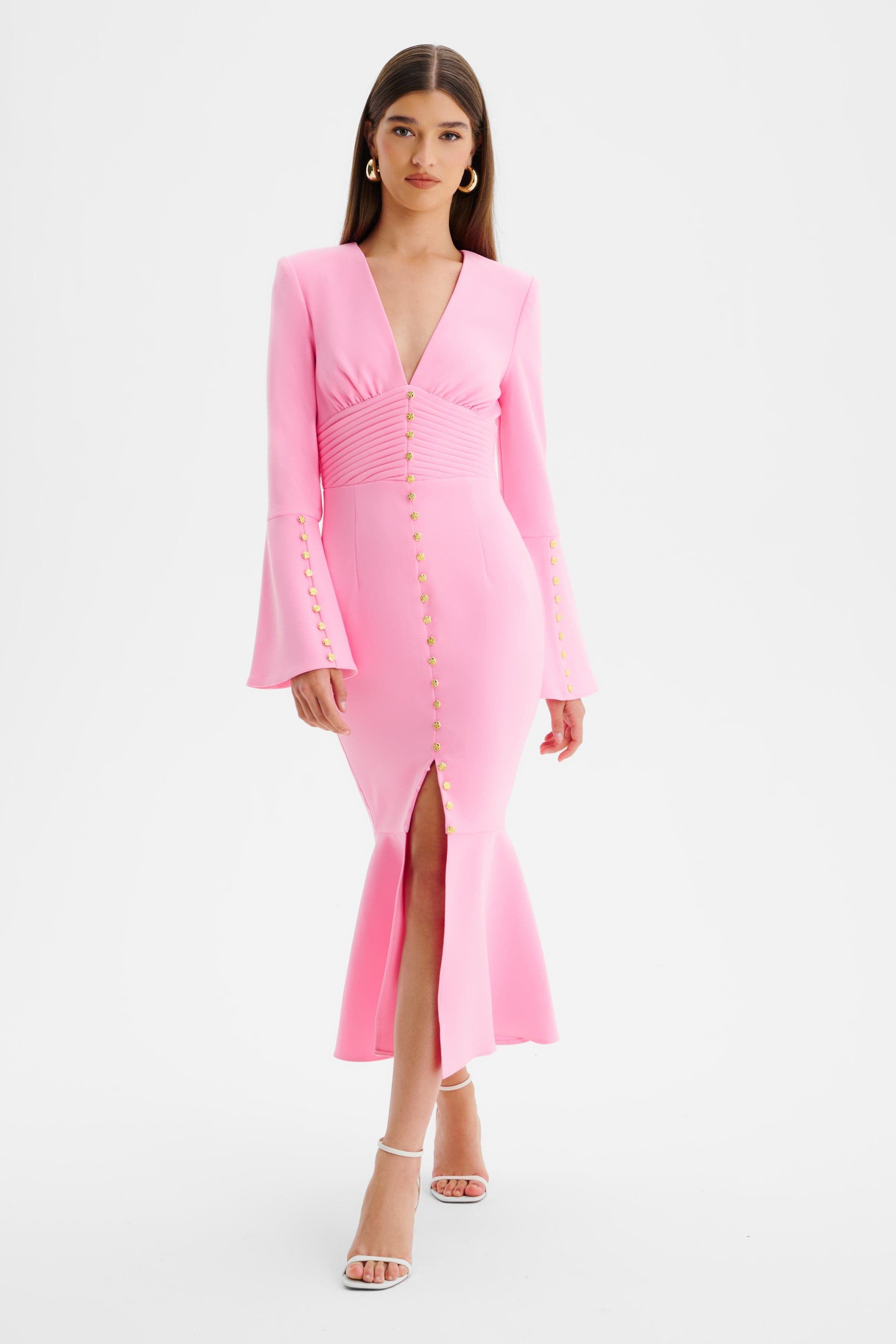 SALMA Fluted Sleeve Micro Rose Button Midi Dress in Pink