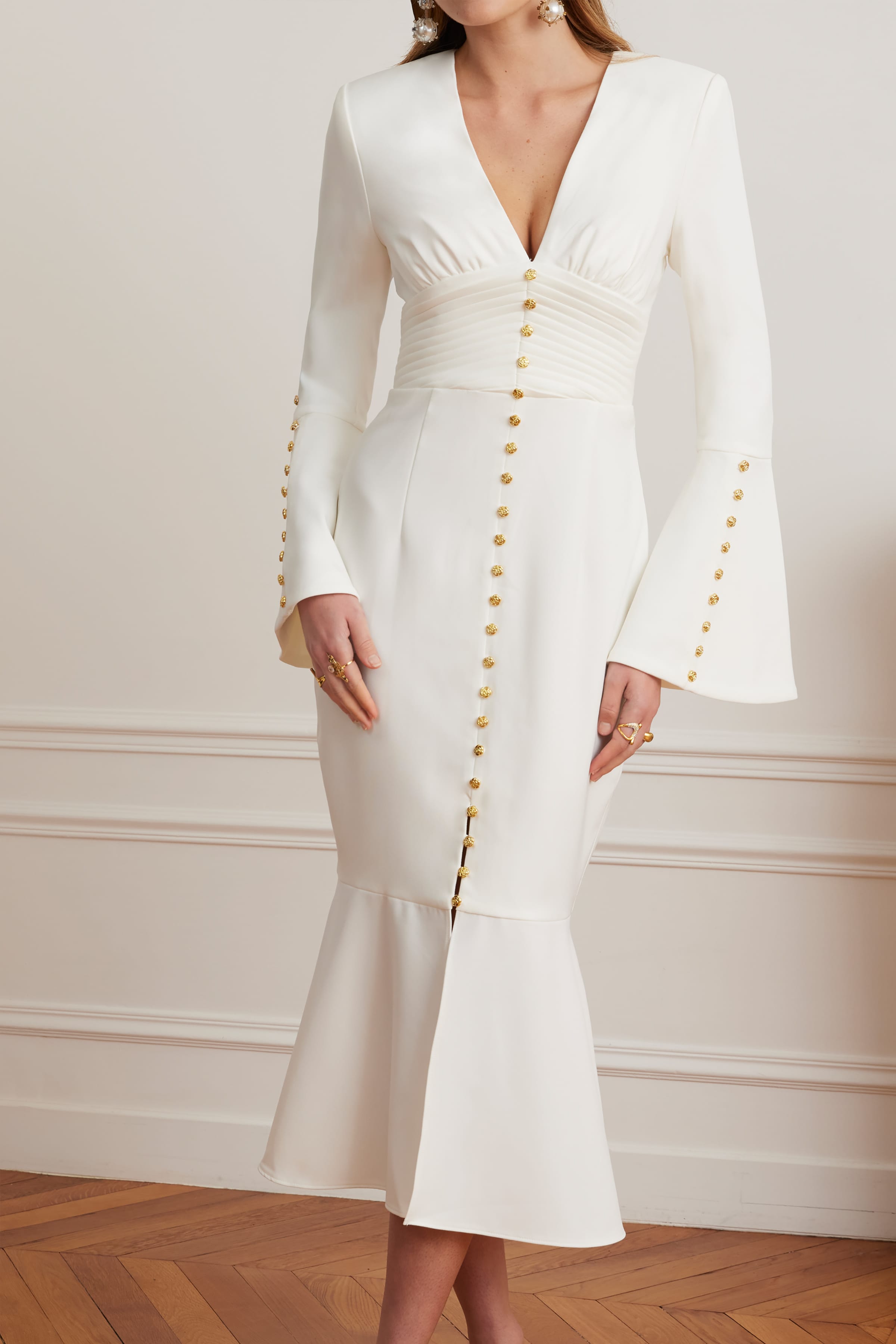 SALMA Fluted Sleeve Micro Gold Button Midi Dress in White