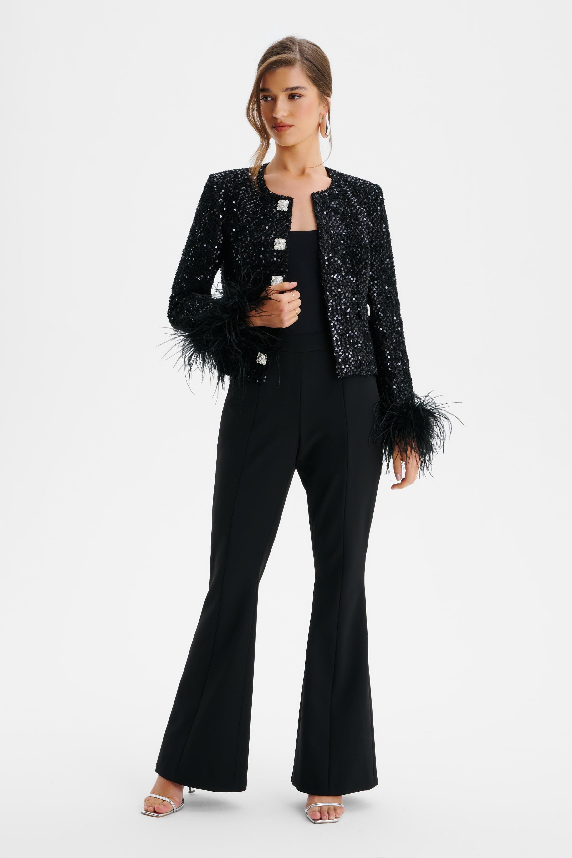 LARIA Sequin Boucle Jacket with Feather Cuffs in Black