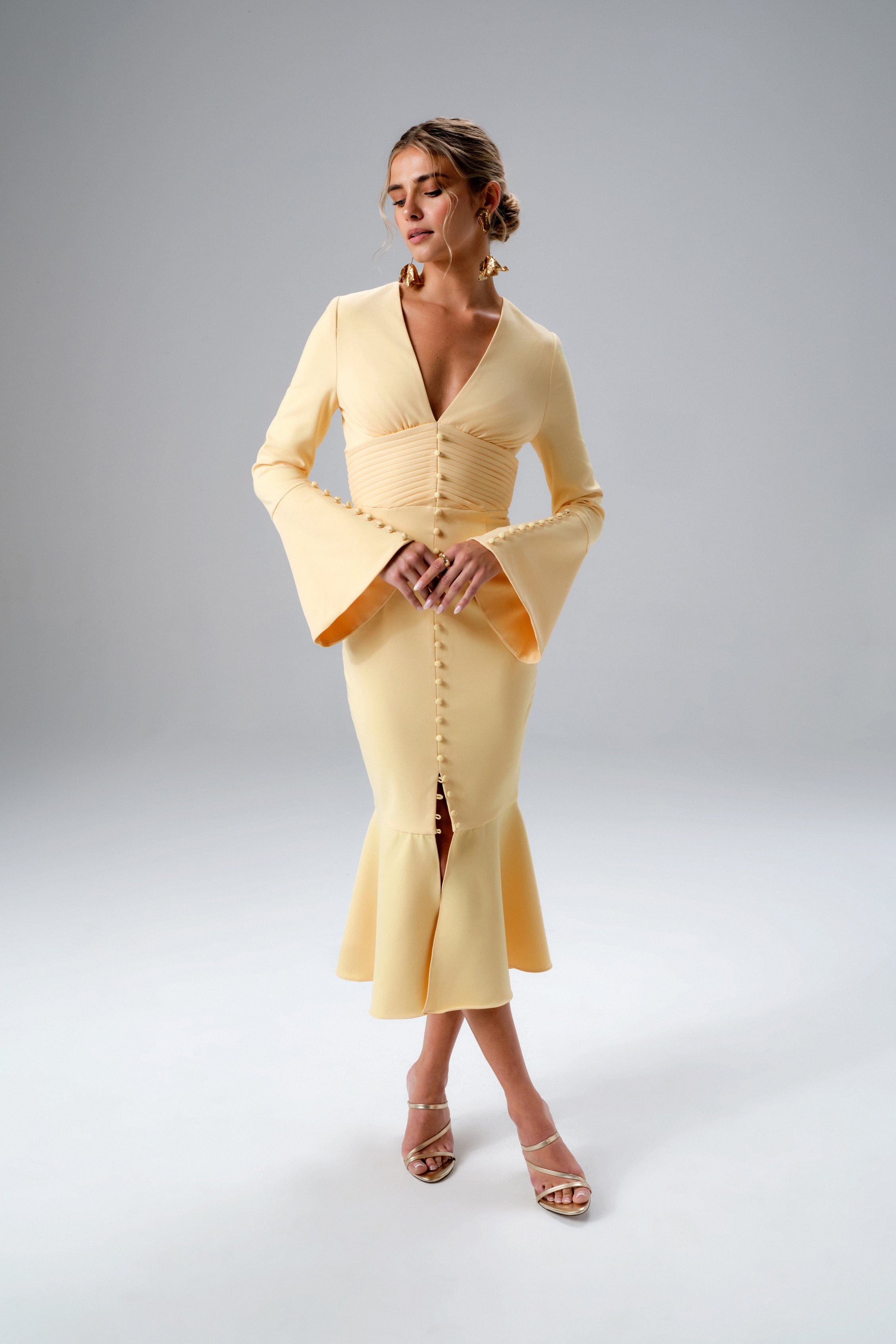 SALMA Fluted Sleeve Longline Fishtail Midi Dress In Yellow