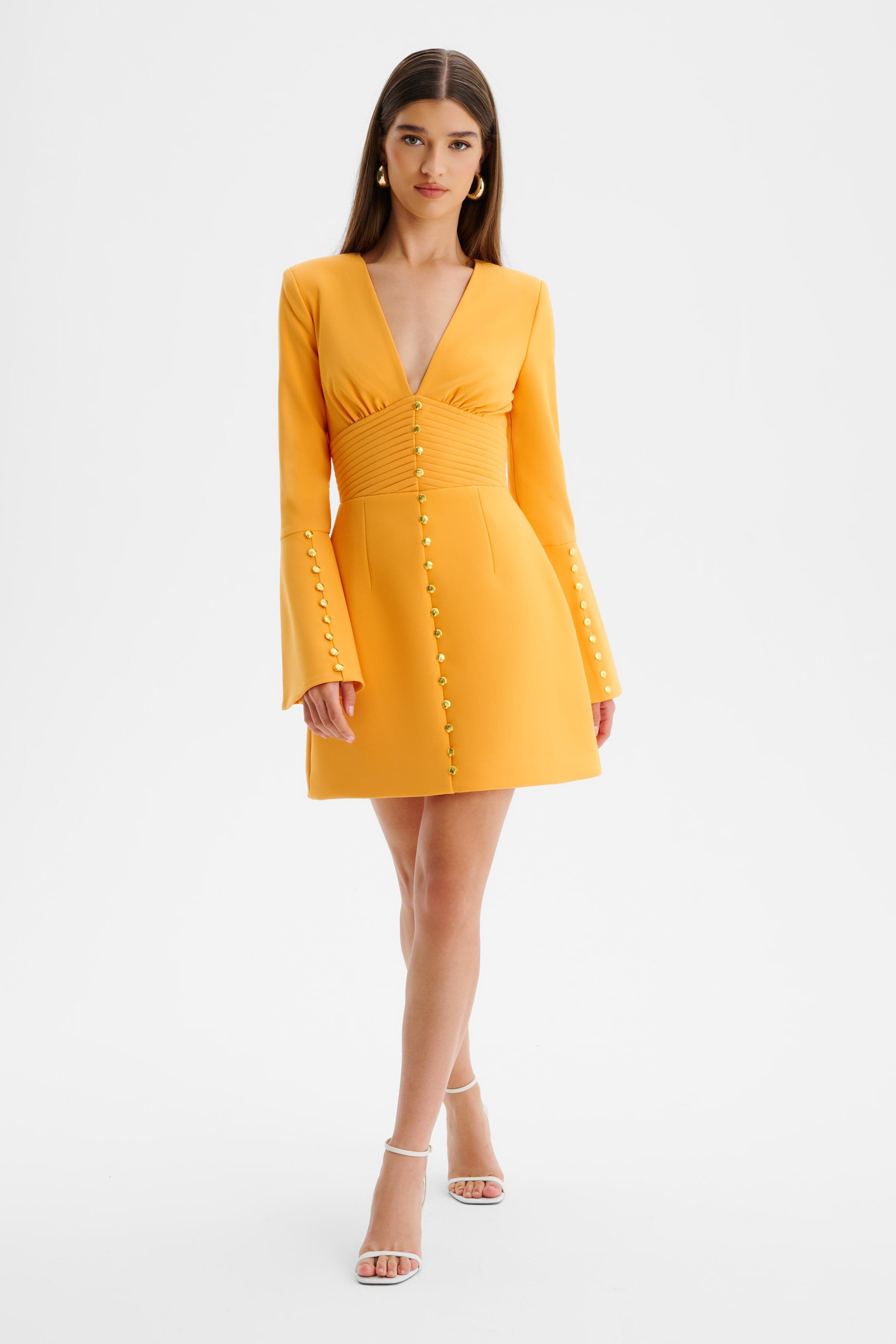 LARA Fluted Sleeve Micro Button Mini Dress in Orange