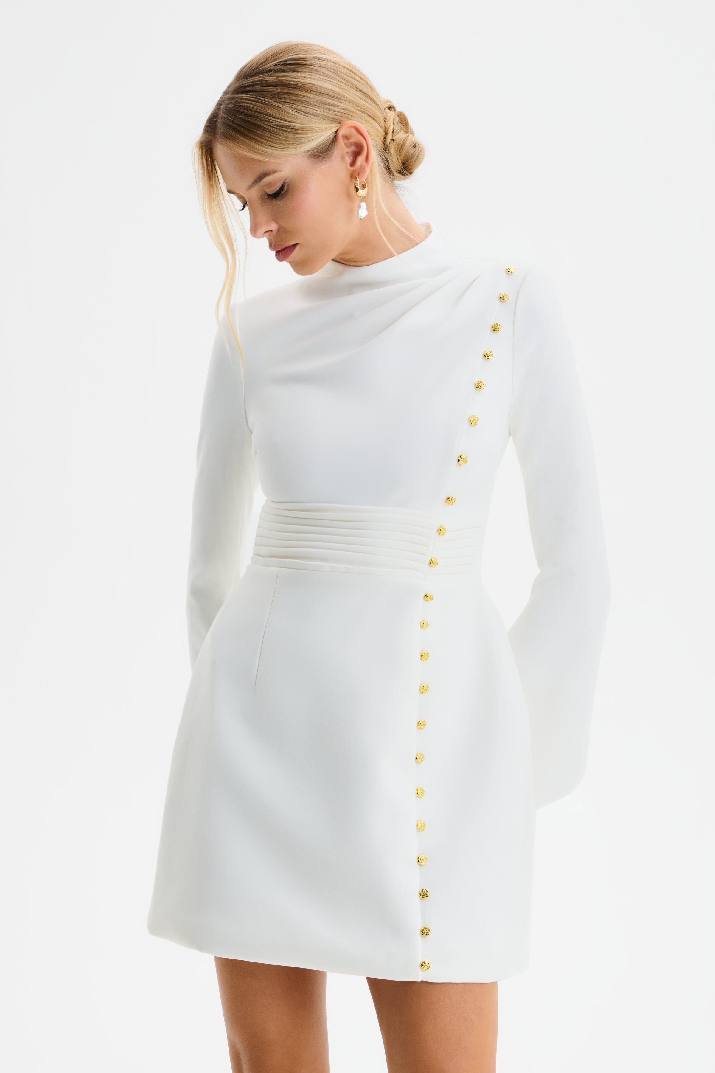 GEMMA High Neck Rose Button Long Sleeve Mini Dress in White
