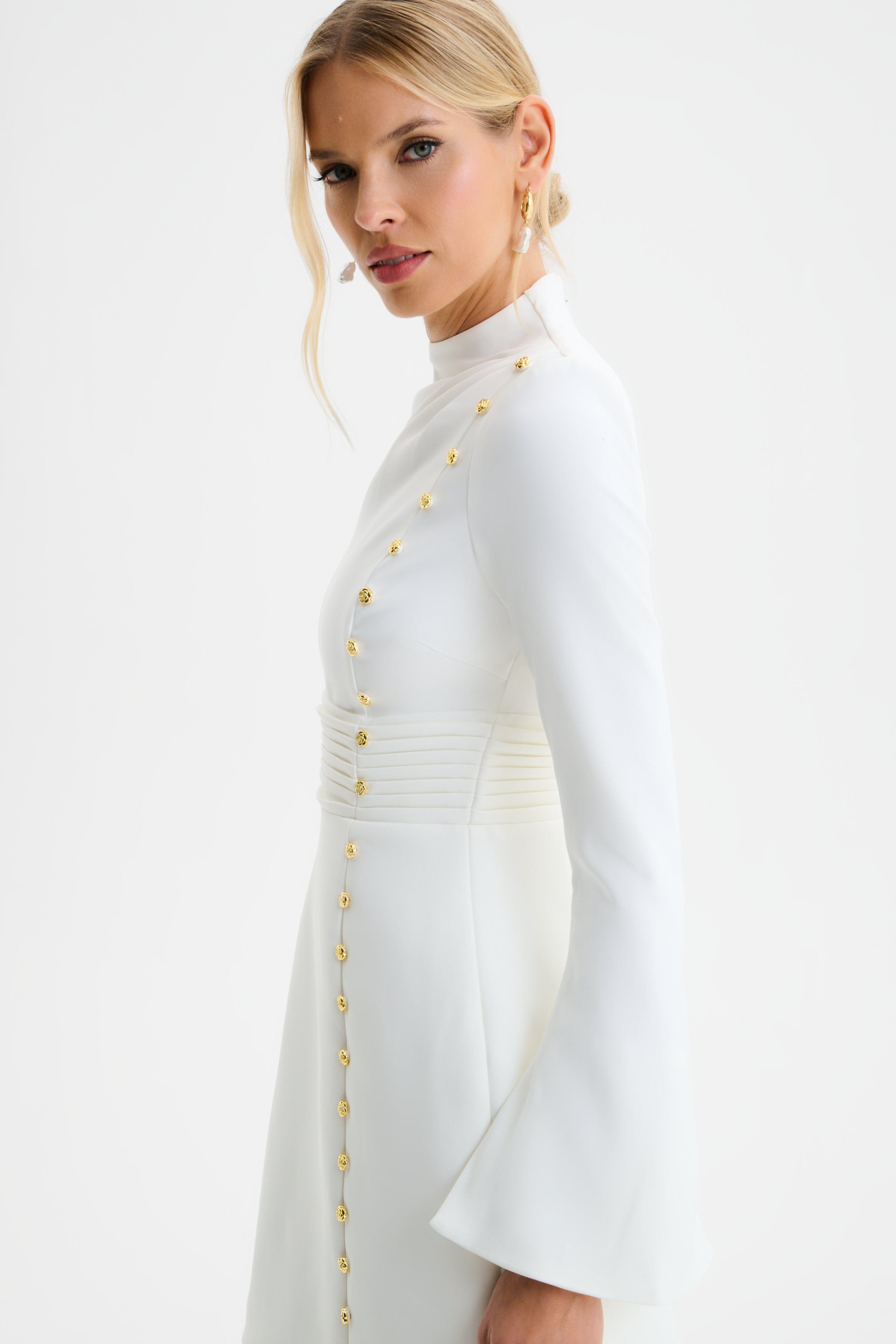 GEMMA High Neck Rose Button Long Sleeve Mini Dress in White