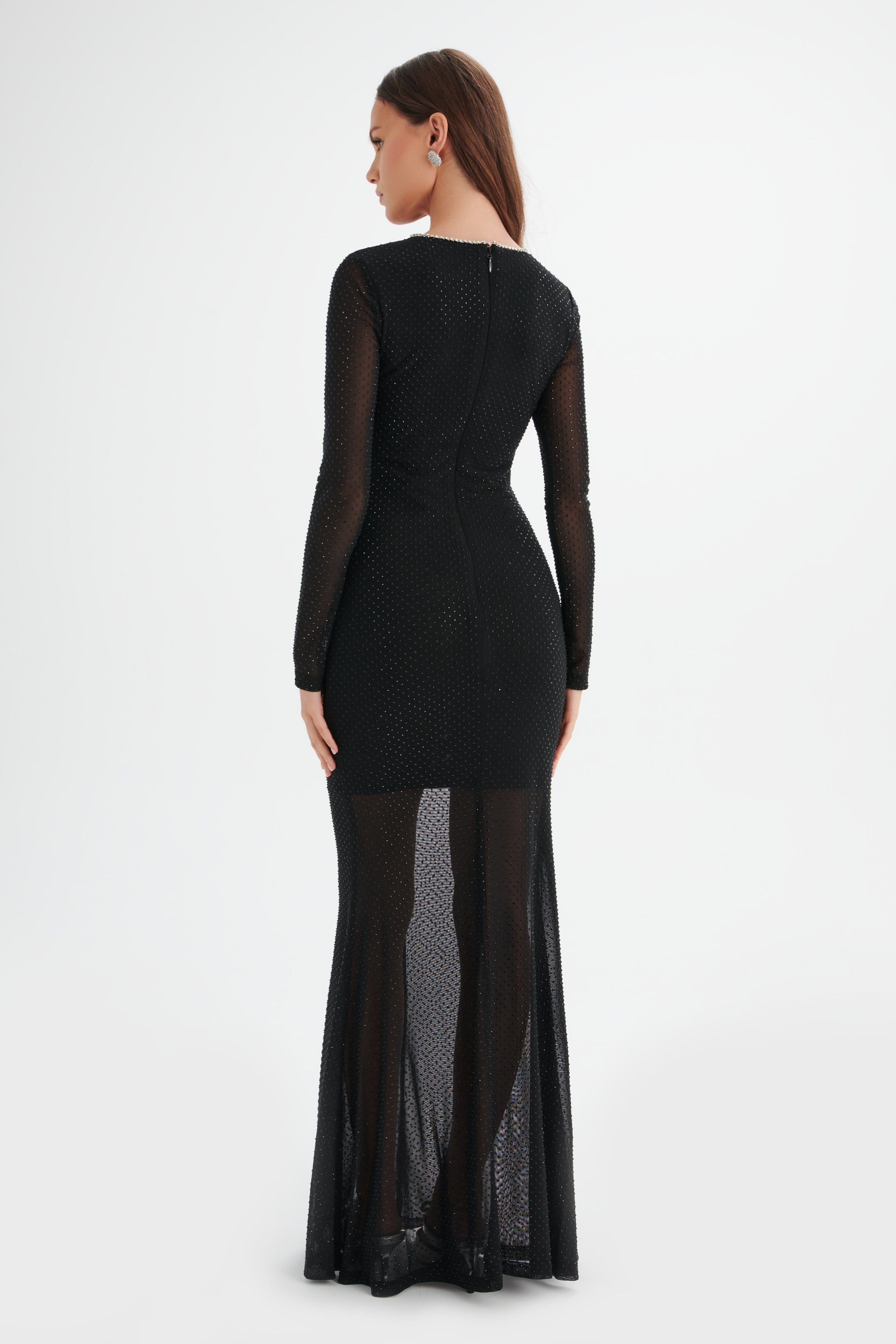 VERITY Rhinestone Embellished Mesh Maxi Dress in Black