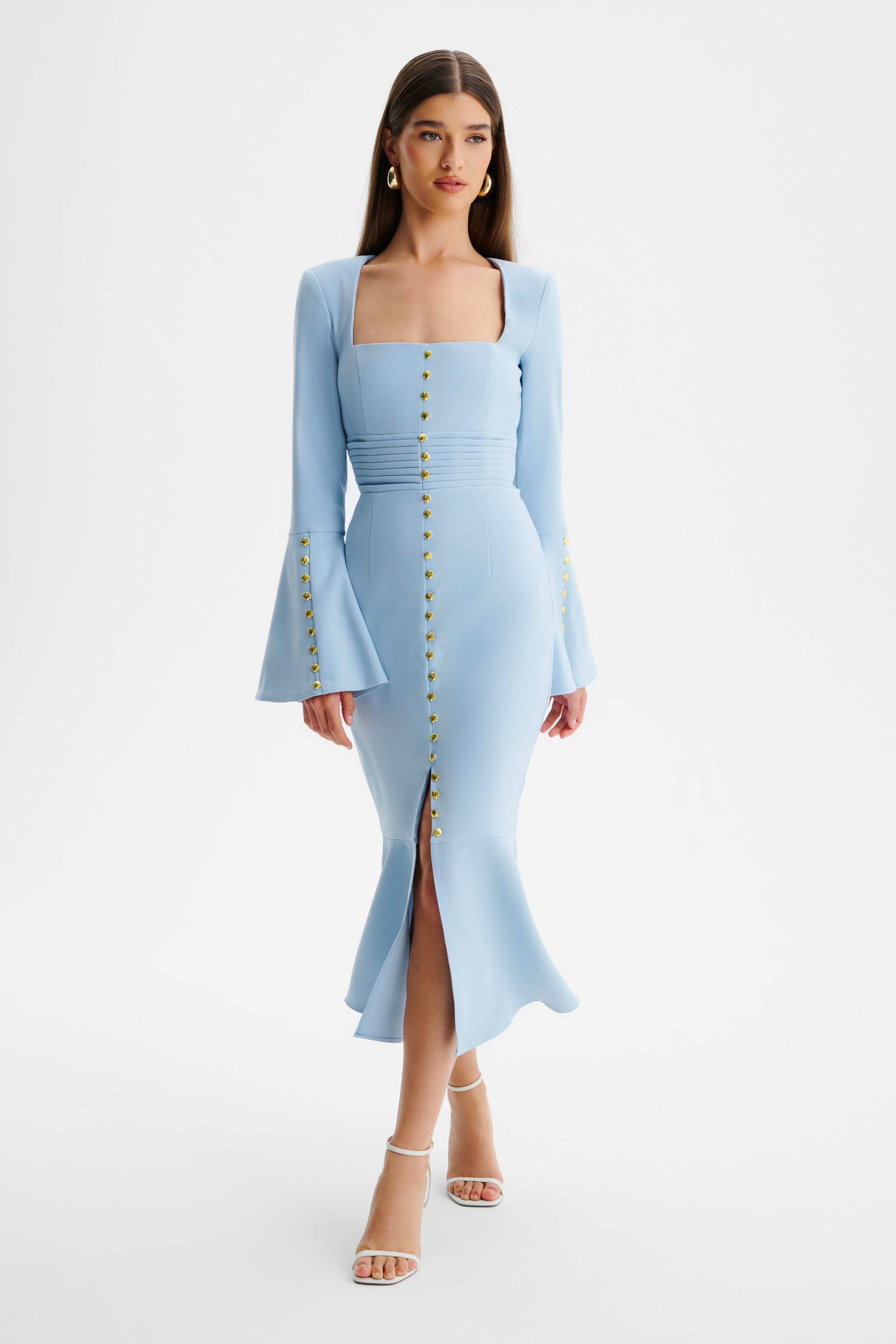 SERENA Fluted Sleeve Micro Shell Button Midi Dress in Light Blue