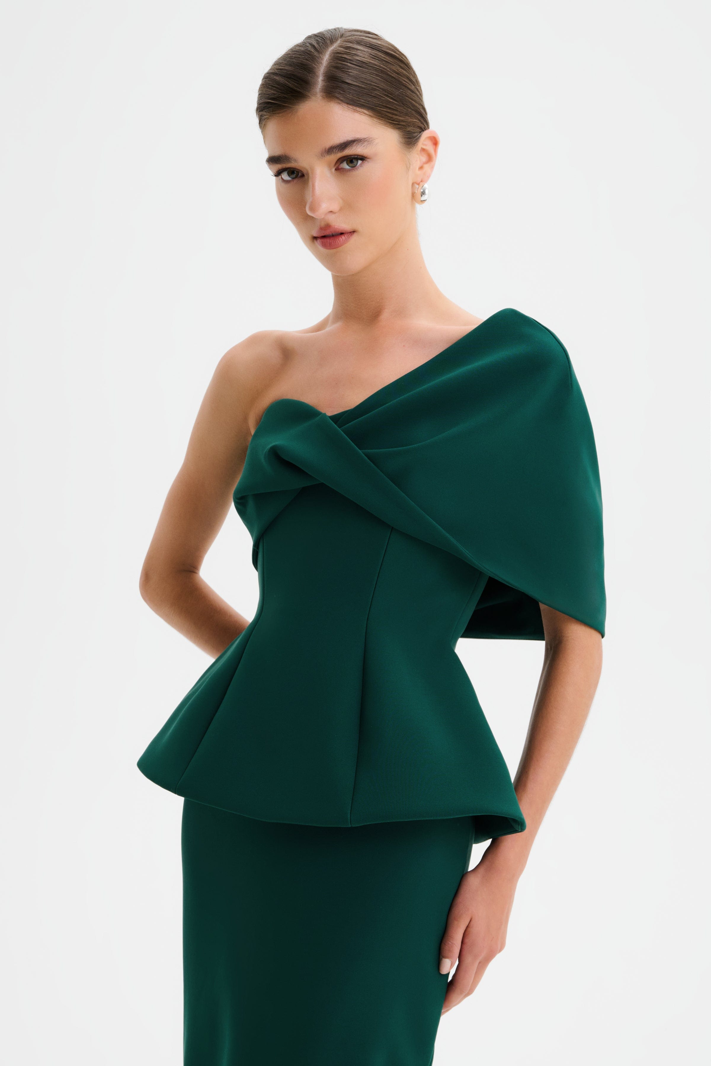 GIOVANNA Twisted Cape Shoulder Maxi Dress in Emerald Green