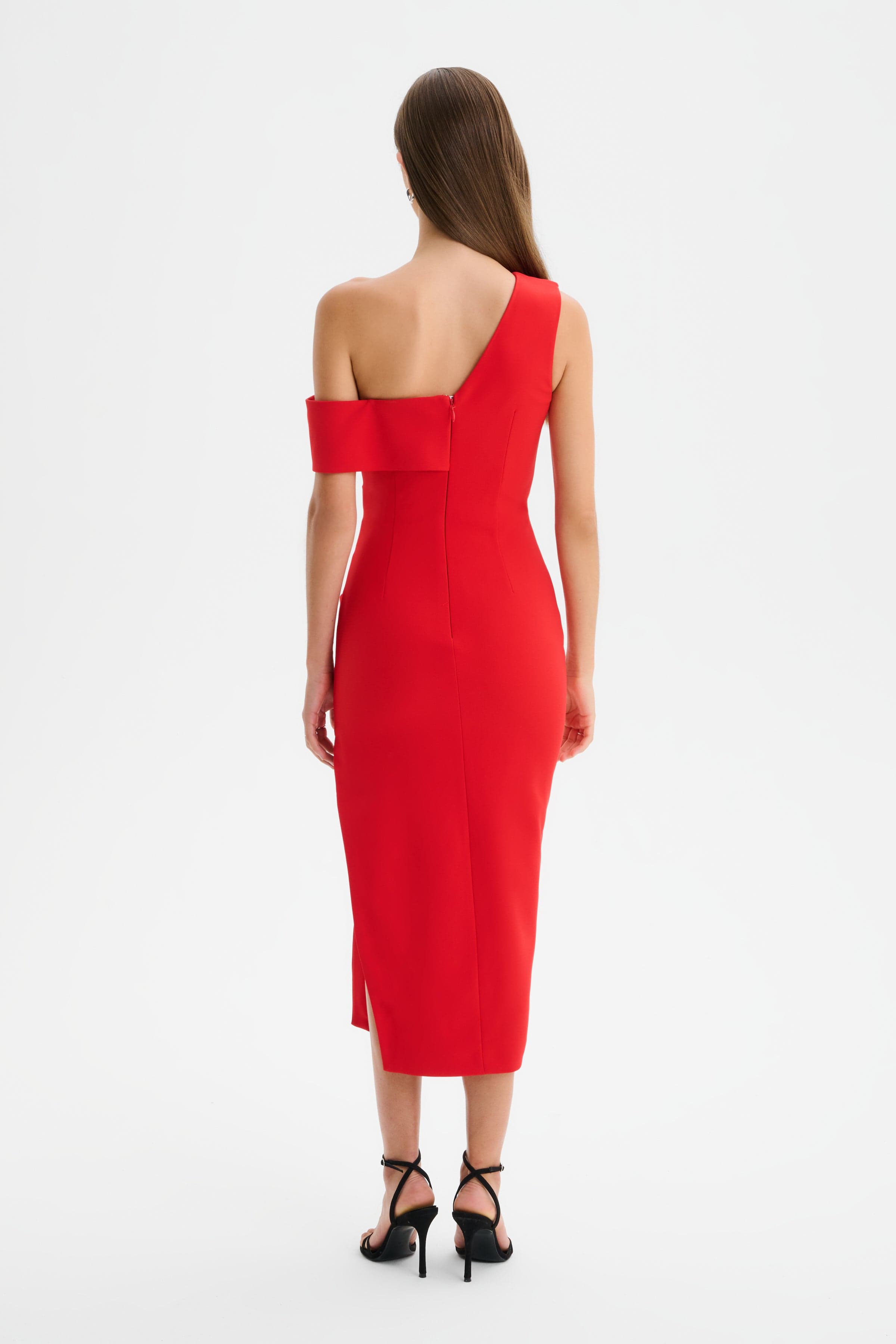 LINA One Shoulder Pleated Midi Dress in Red
