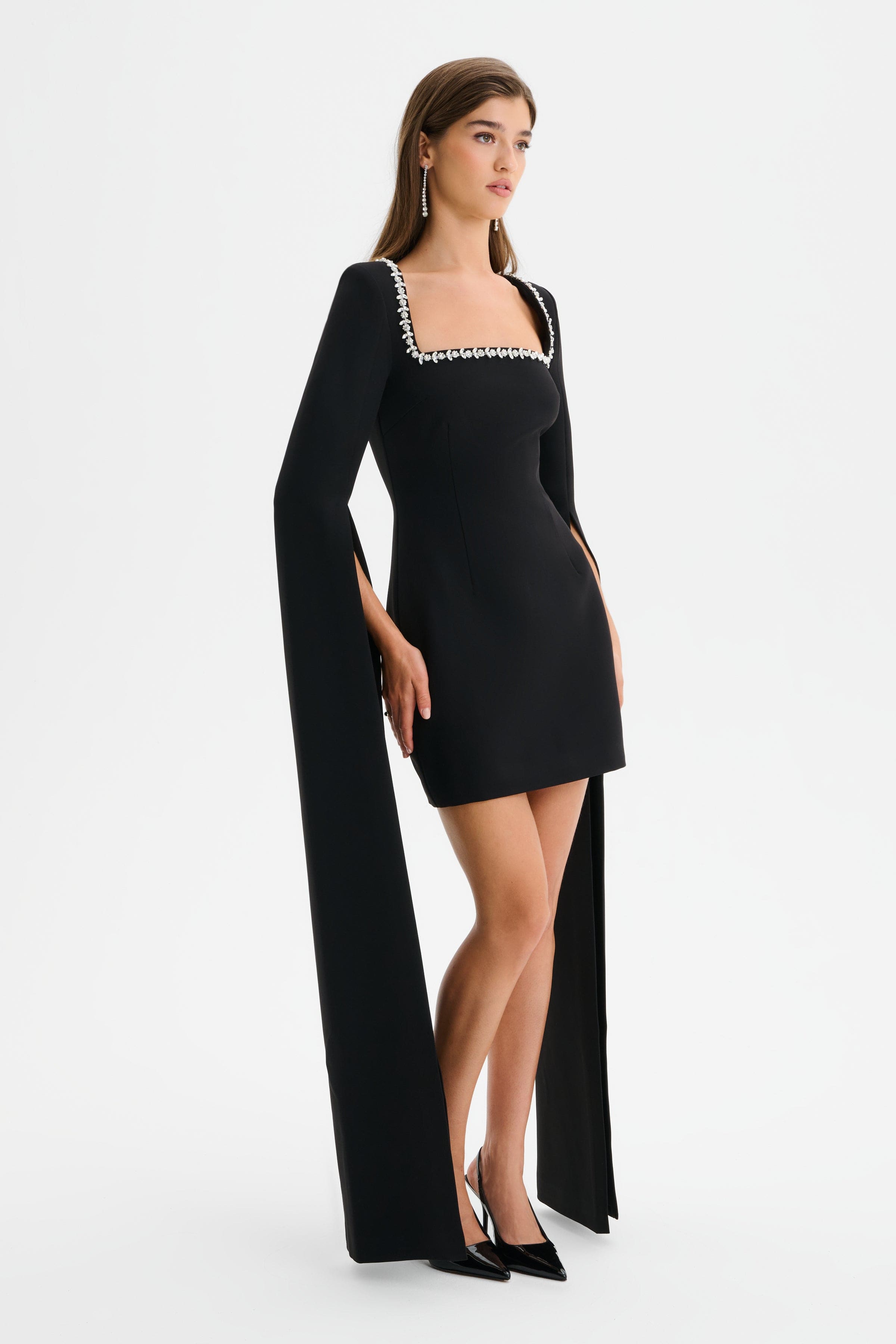 TILLY Square Neck Embellished Cape Sleeve Mini Dress in Black
