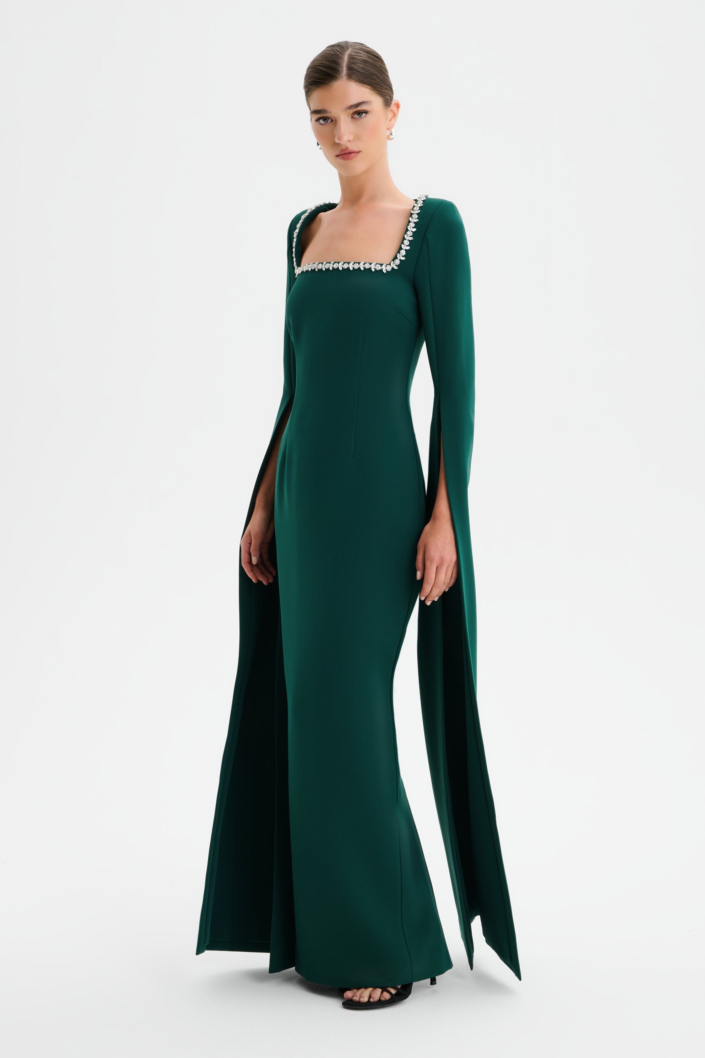 GRACE Square Neck Embellished Cape Sleeve Maxi Dress in Emerald Green