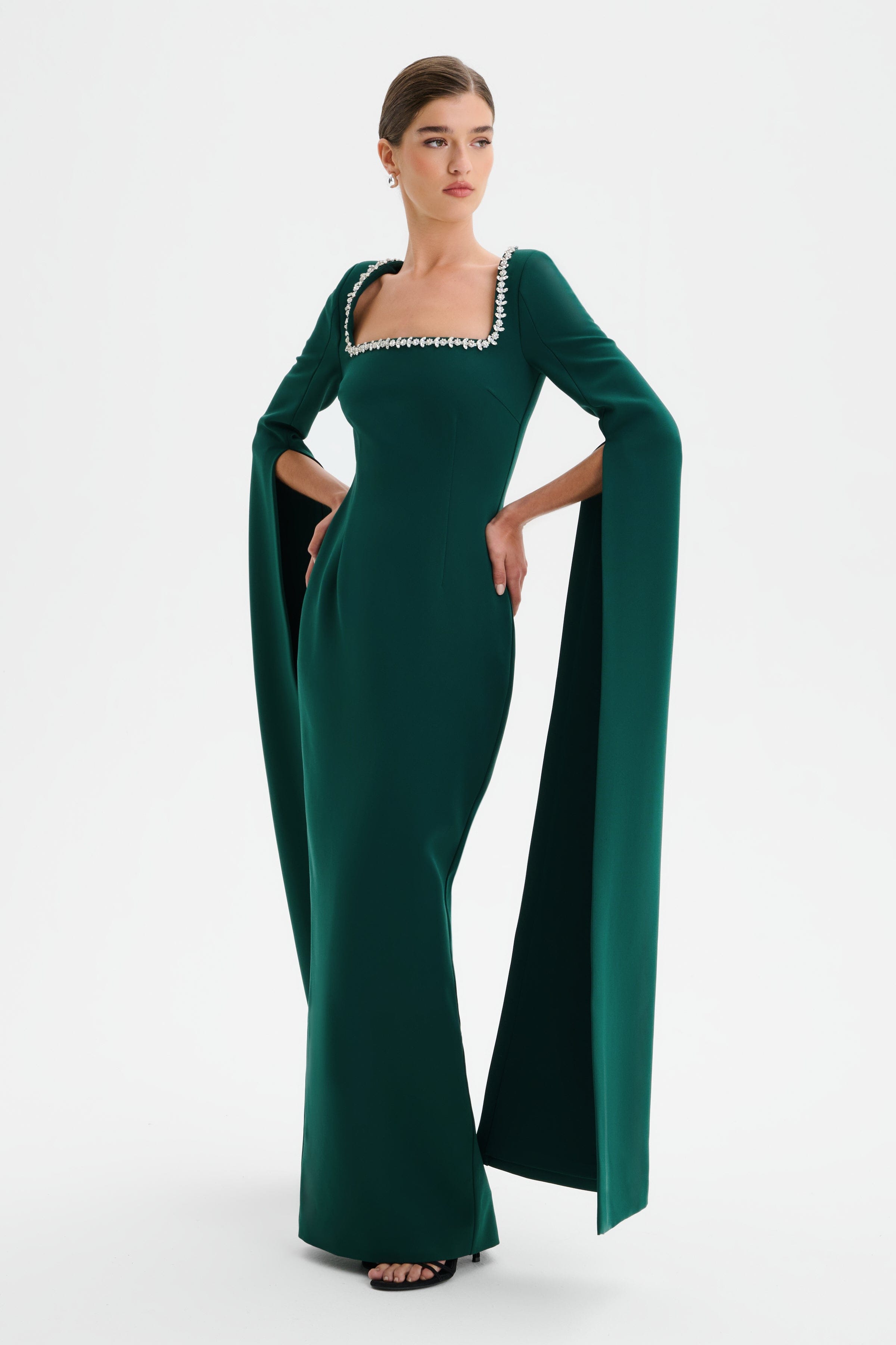 GRACE Square Neck Embellished Cape Sleeve Maxi Dress in Emerald Green