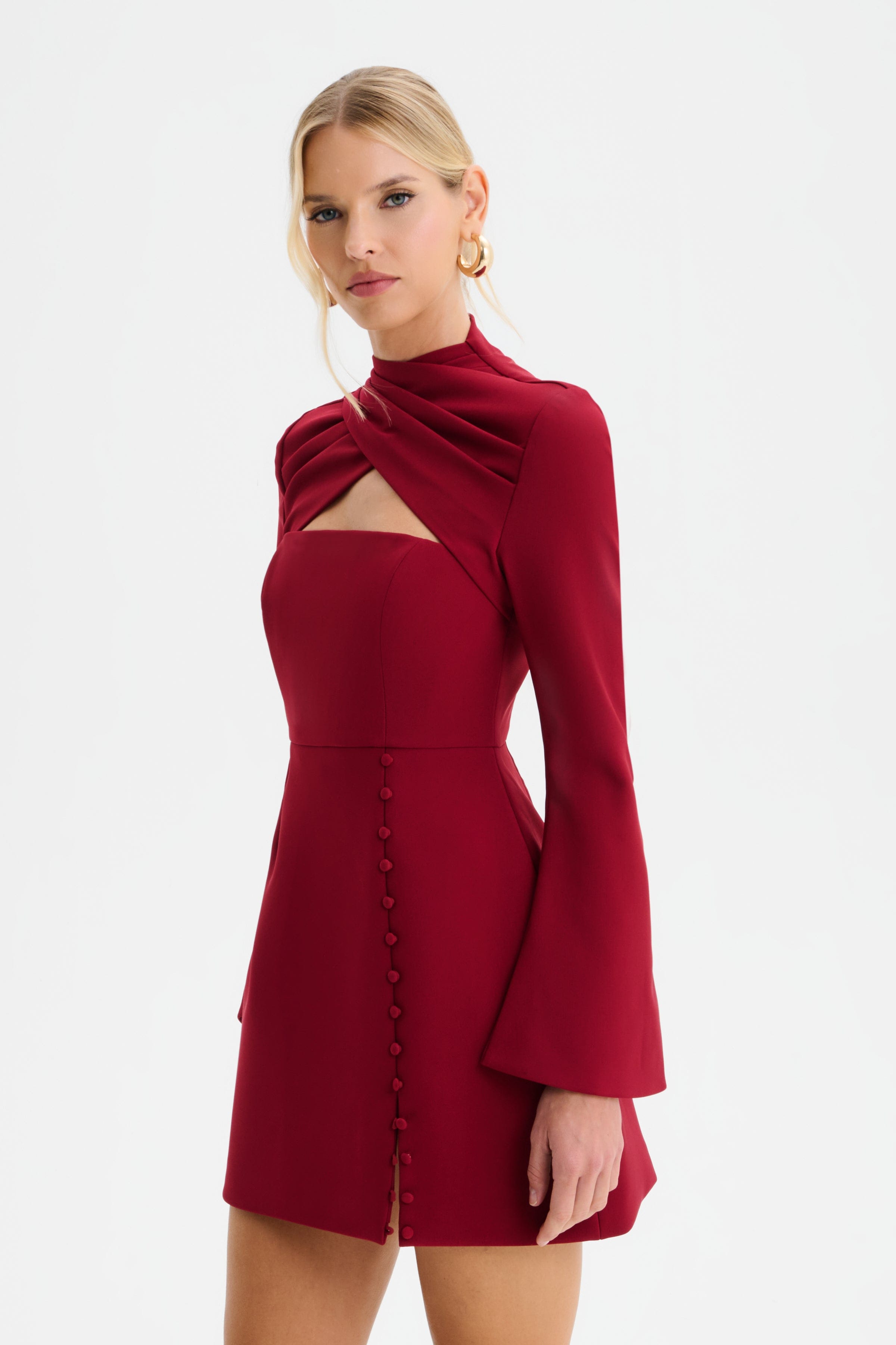 FIONA High Wrap Neck Tulip Mini Dress in Burgundy