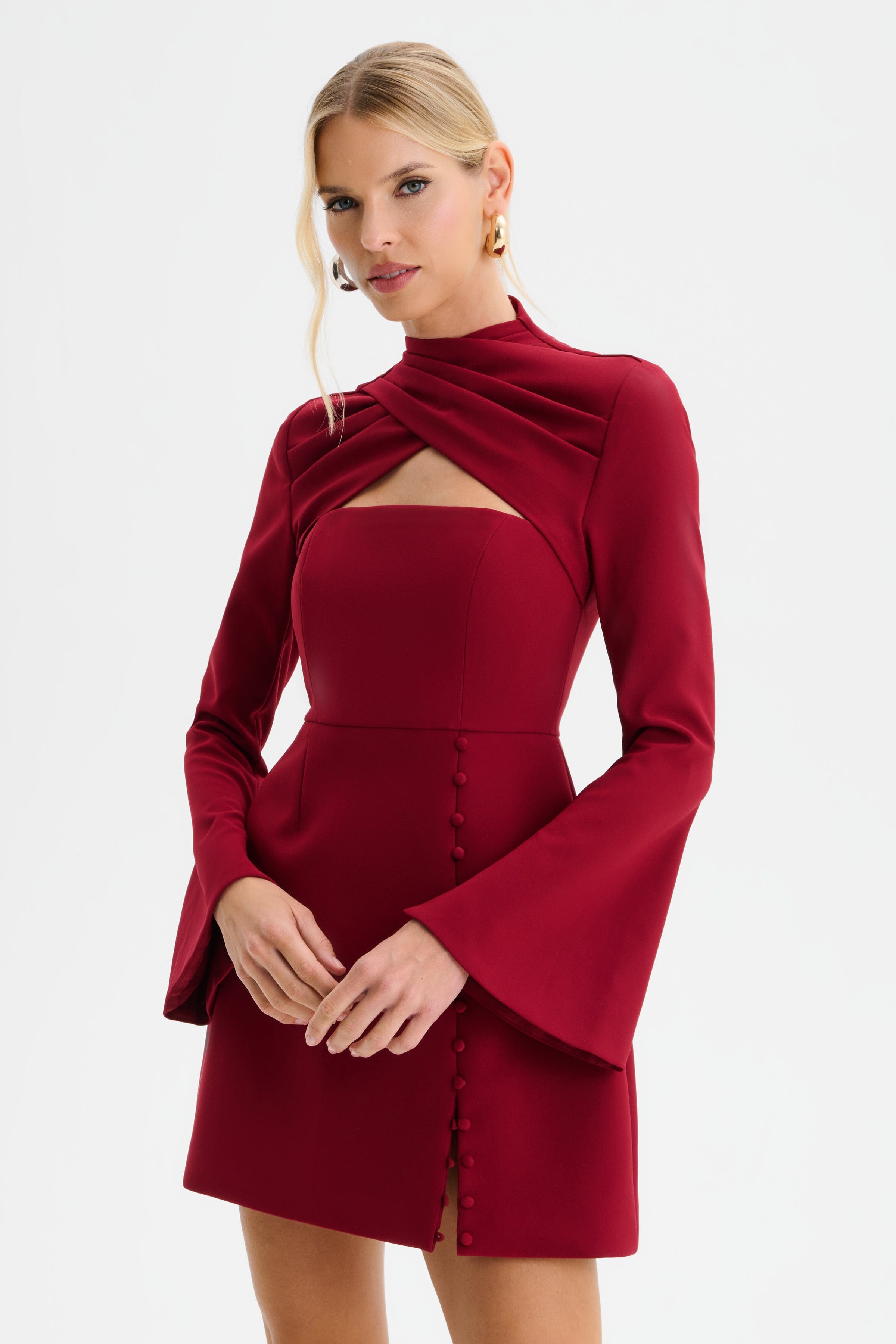 FIONA High Wrap Neck Tulip Mini Dress in Burgundy