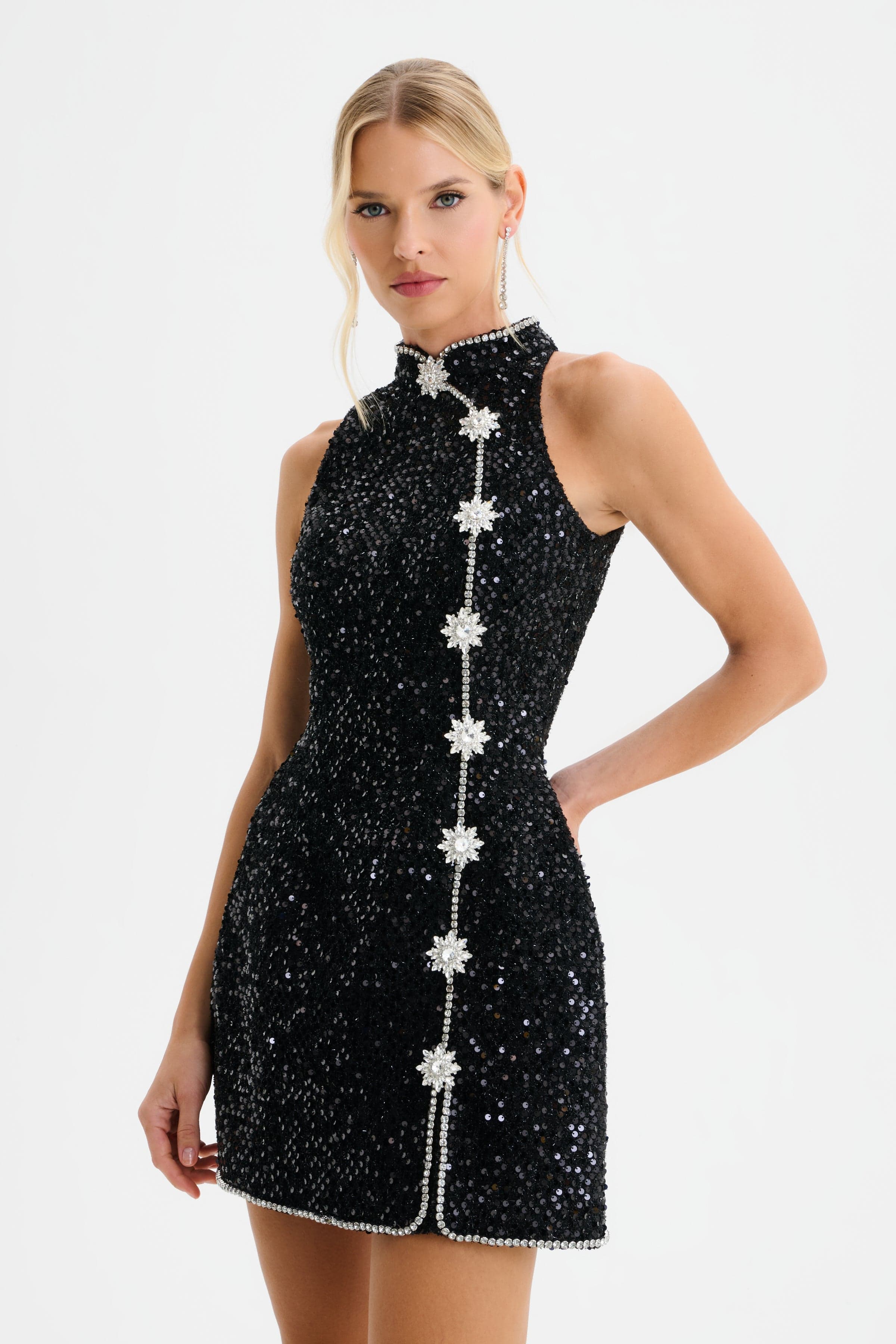 LYLA Sequin Boucle Tulip Mini Dress with Embellishment in Black