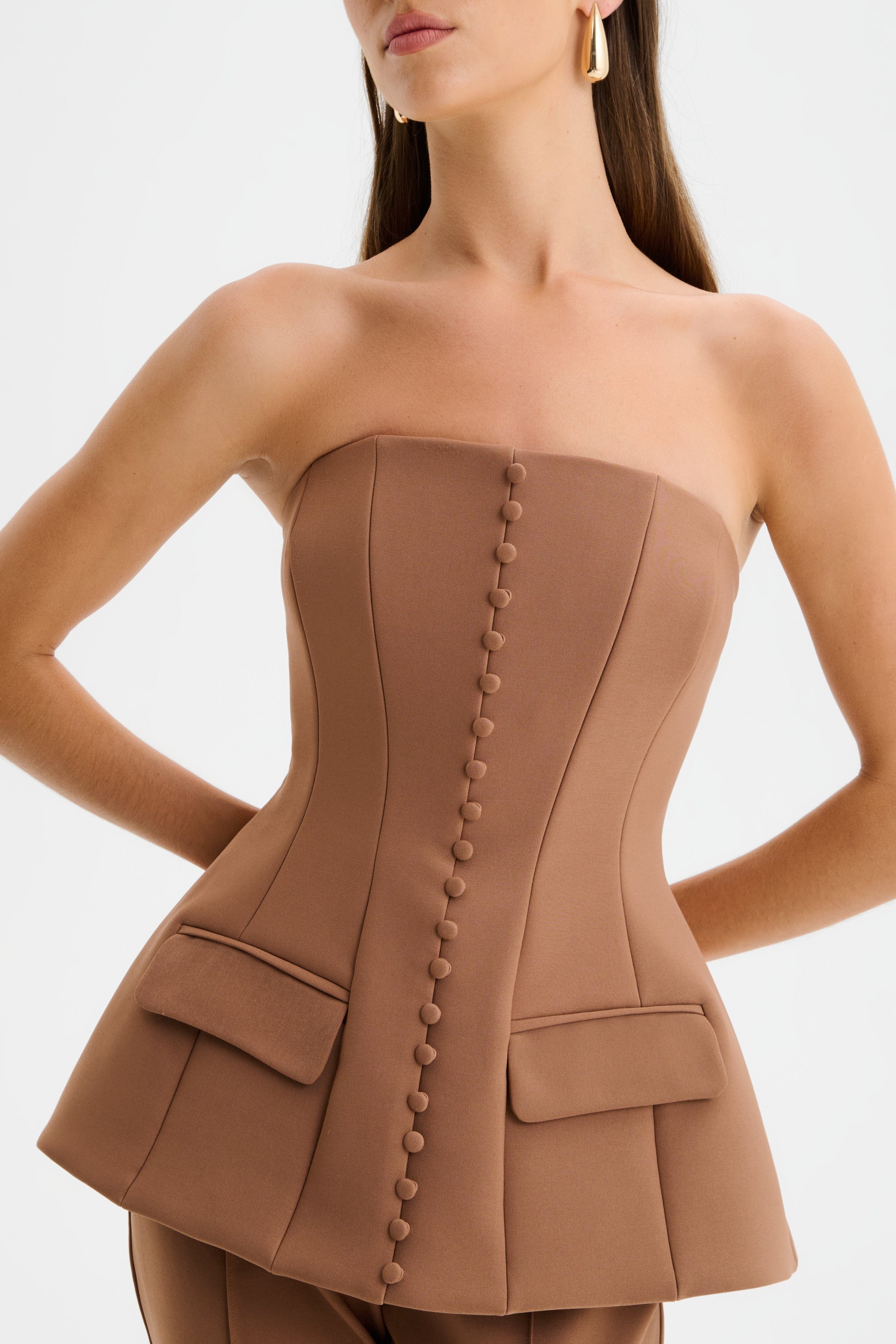 AMY Structured Strapless Jumpsuit in Brown