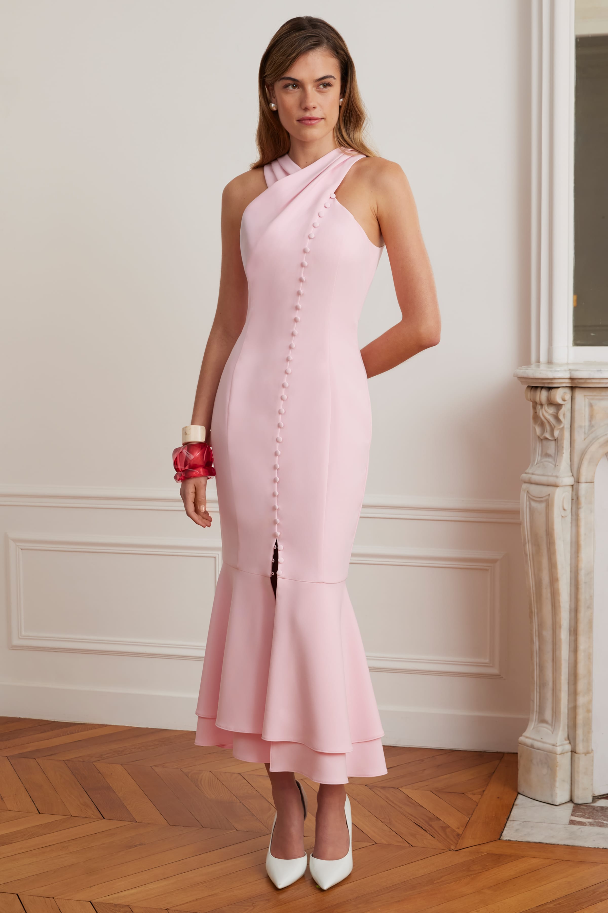 ALTHEA Halter Neck Midi Dress in Pink