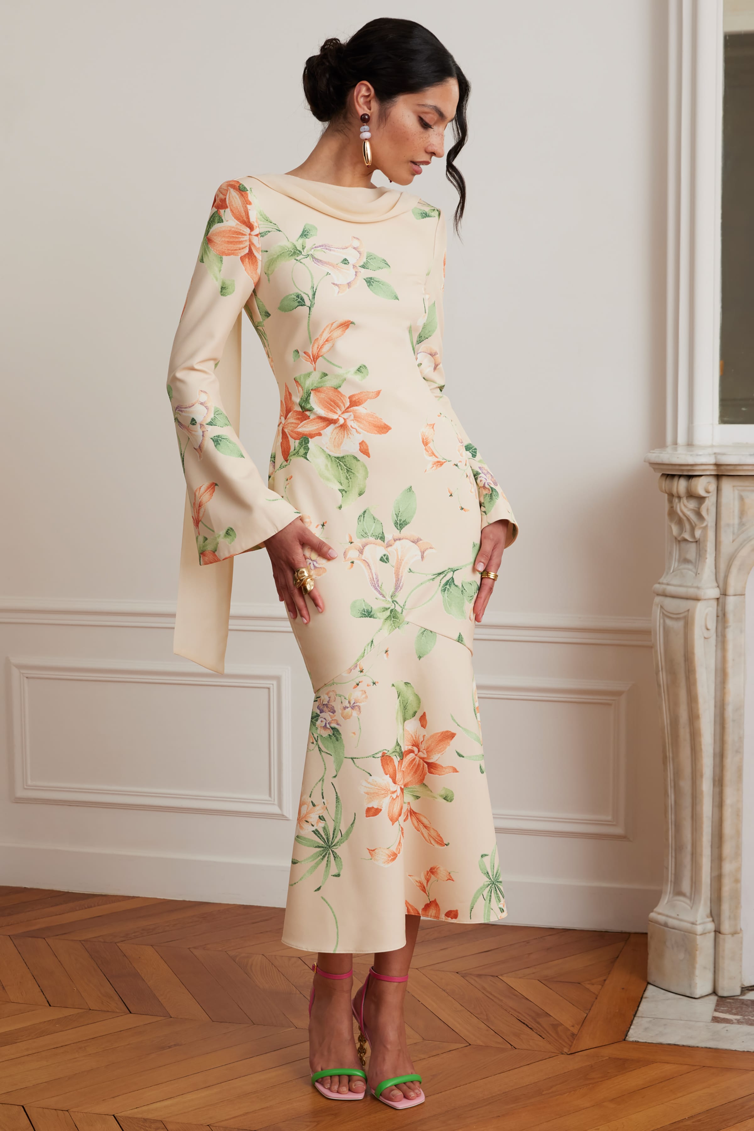 BROOKE Floral Print Fishtail Midi Dress With Chiffon Drape In Yellow