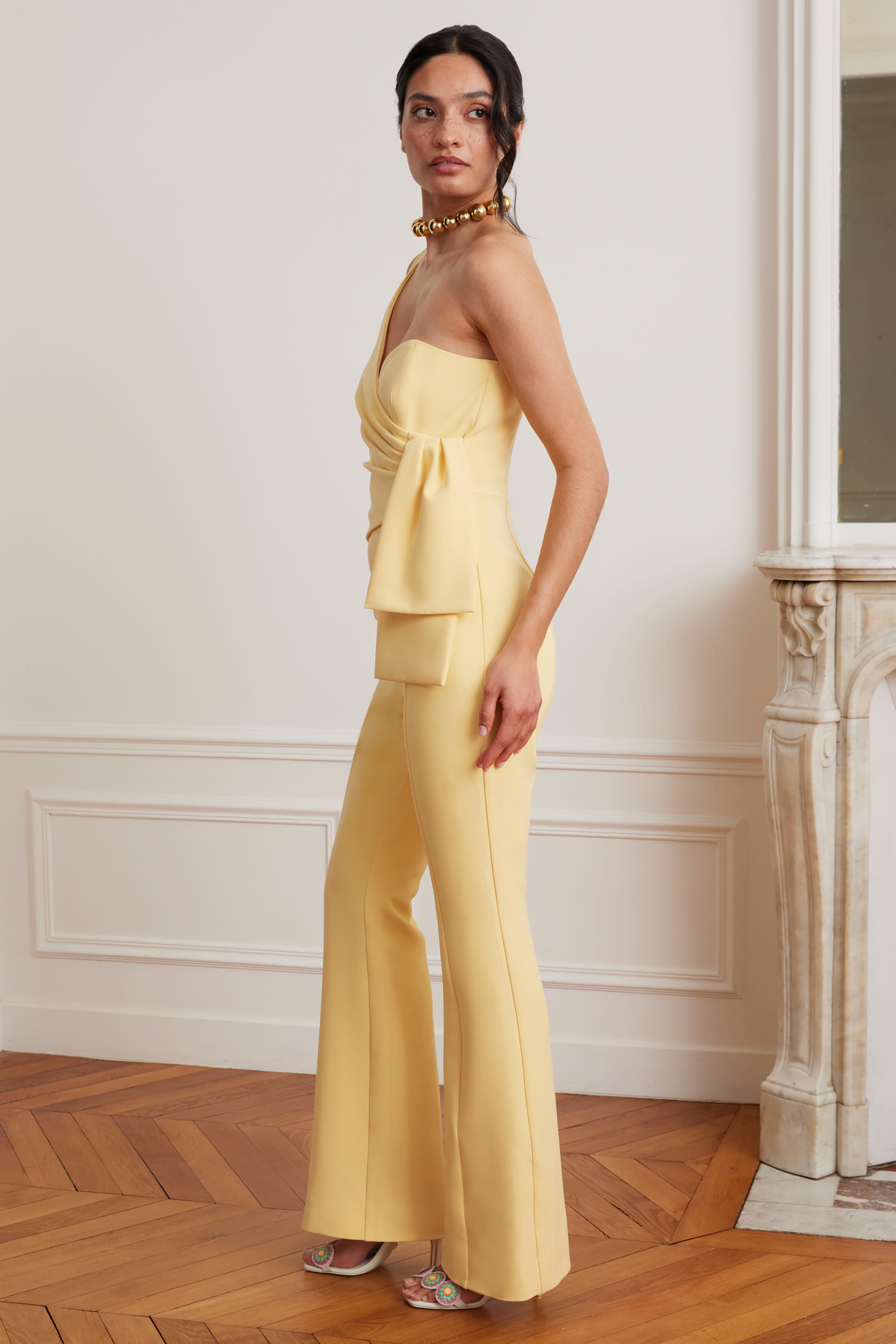HALLIE One Shoulder Jumpsuit With Bow Detail In Yellow