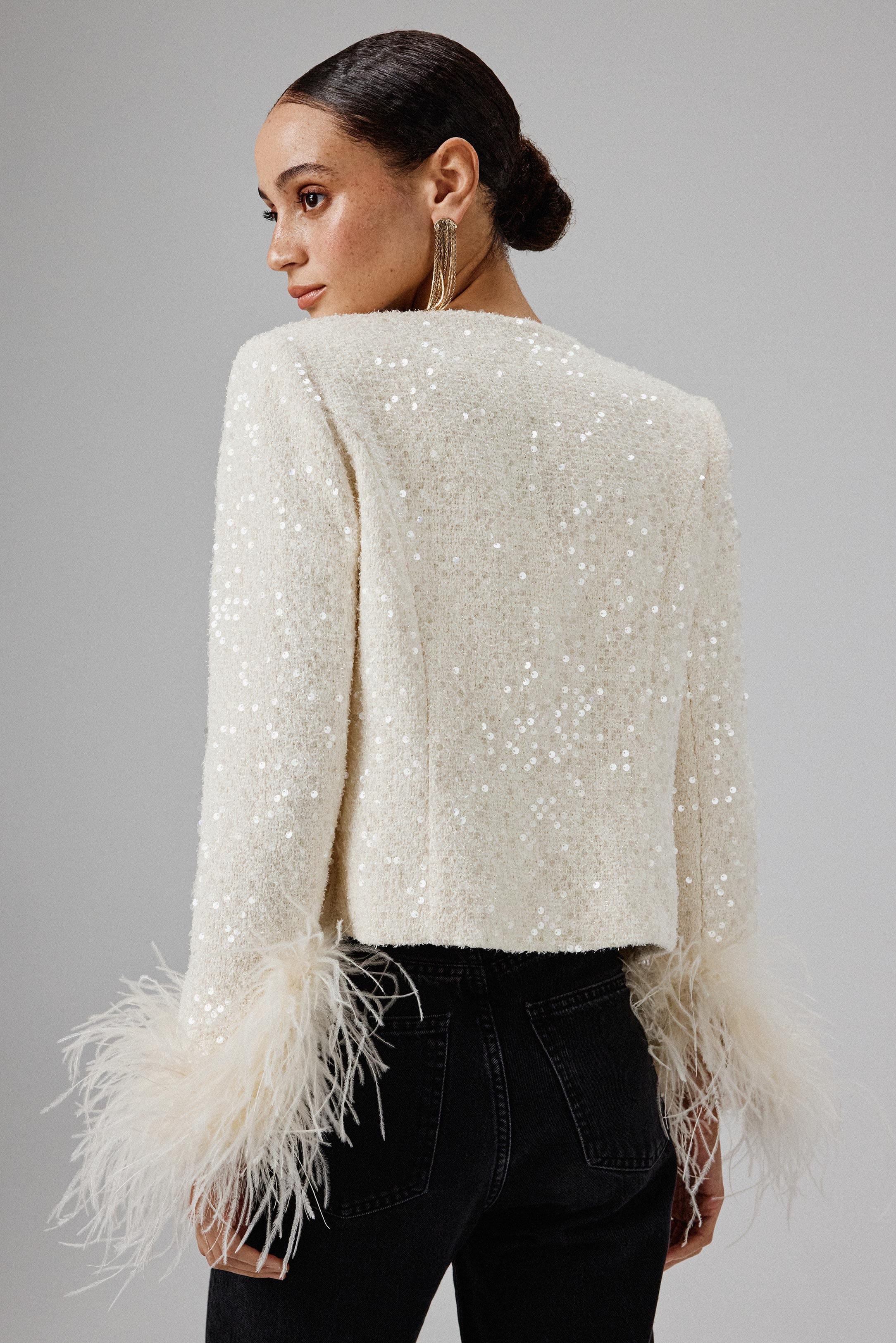 LARIA Sequin Boucle Jacket with Gold Rose Embellishment in Beige