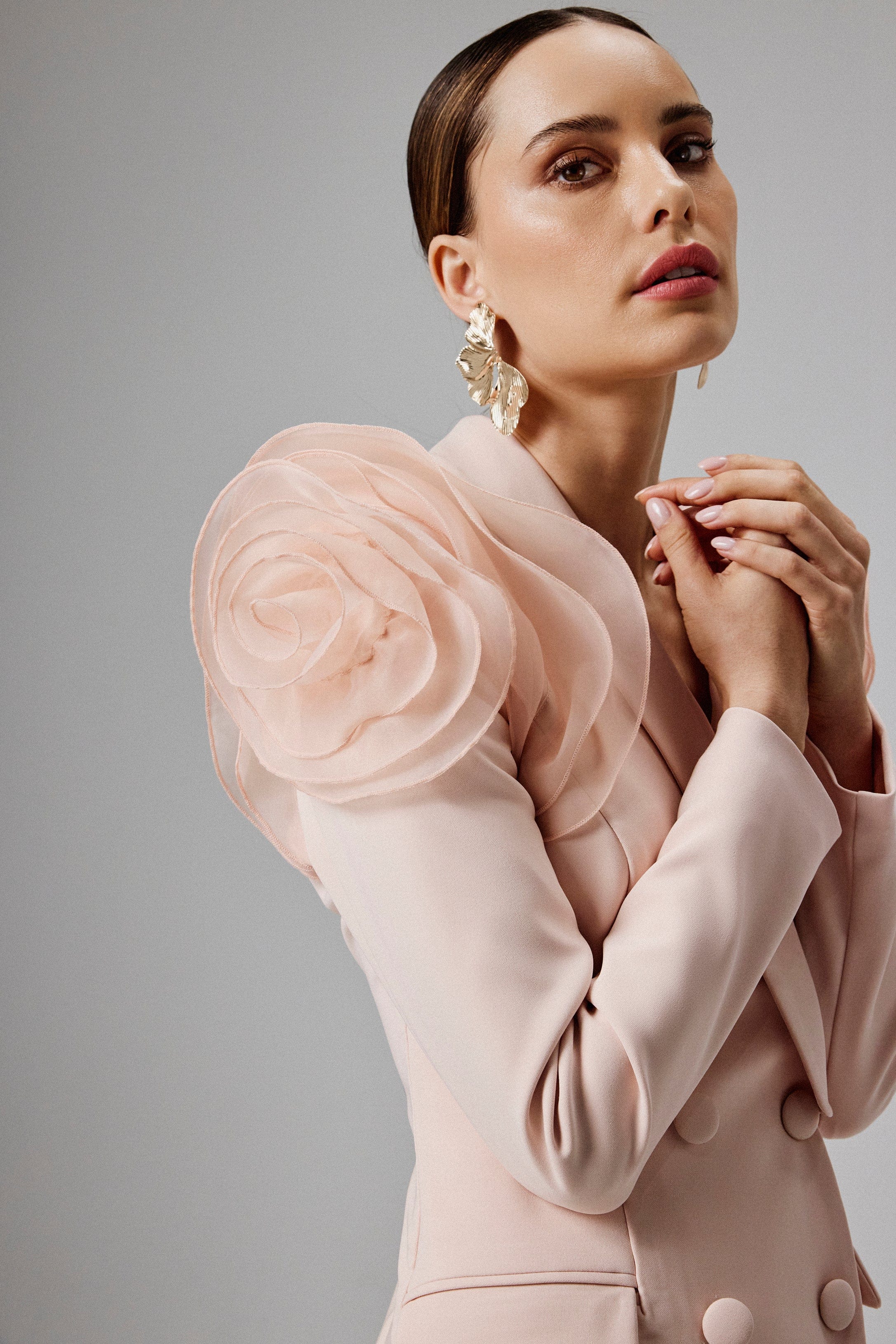 RIA Organza Rose Sleeve Blazer Mini Dress in Light Pink