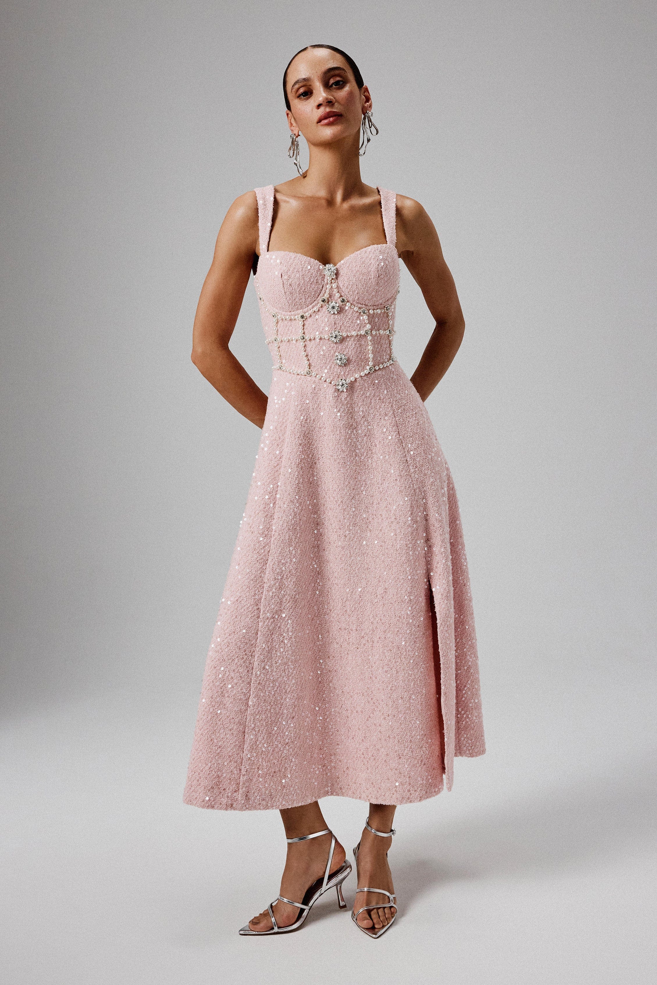 KIRA Pearl Embellished Boucle A Line Midi Dress in Pink