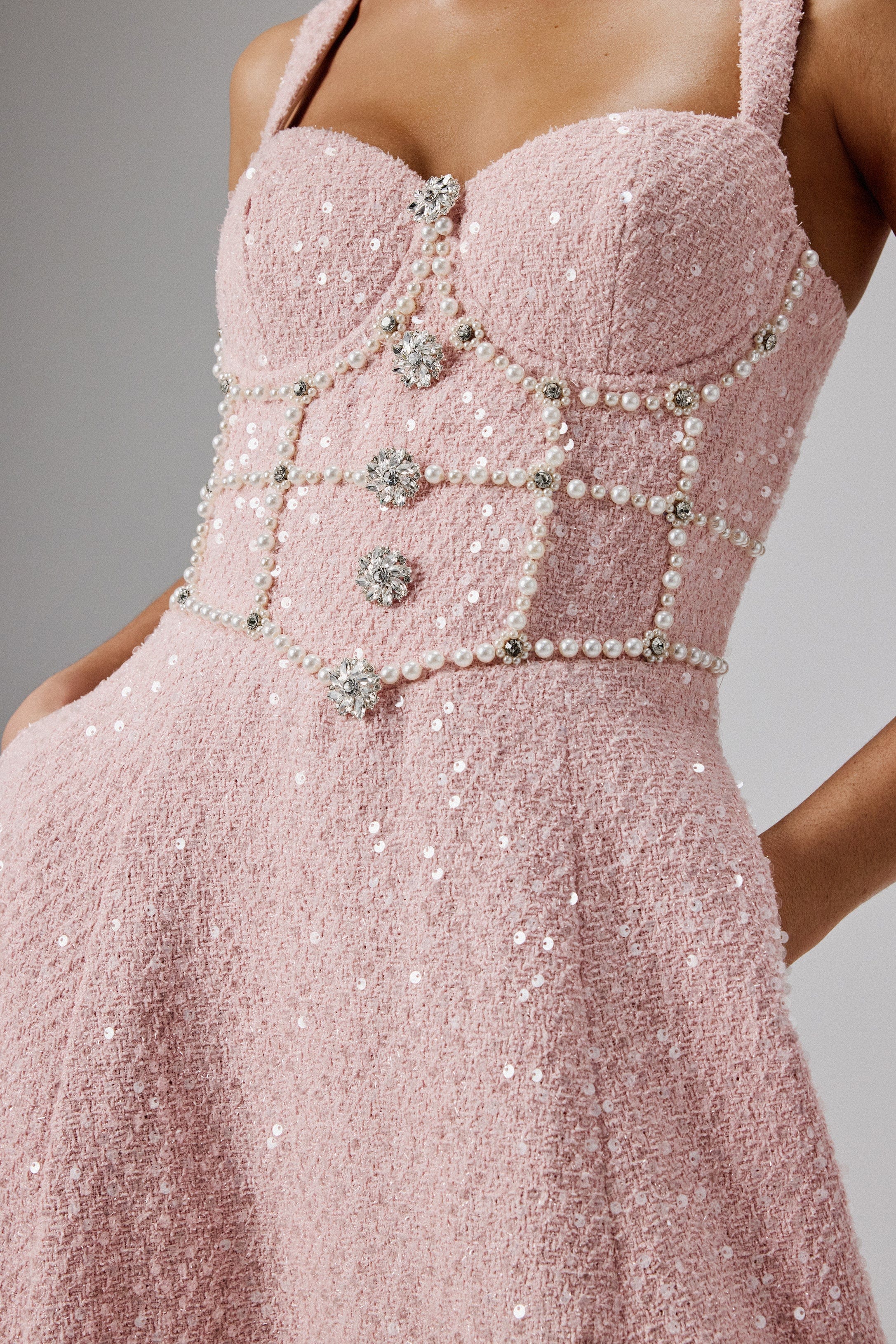 KIRA Pearl Embellished Boucle A Line Midi Dress in Pink