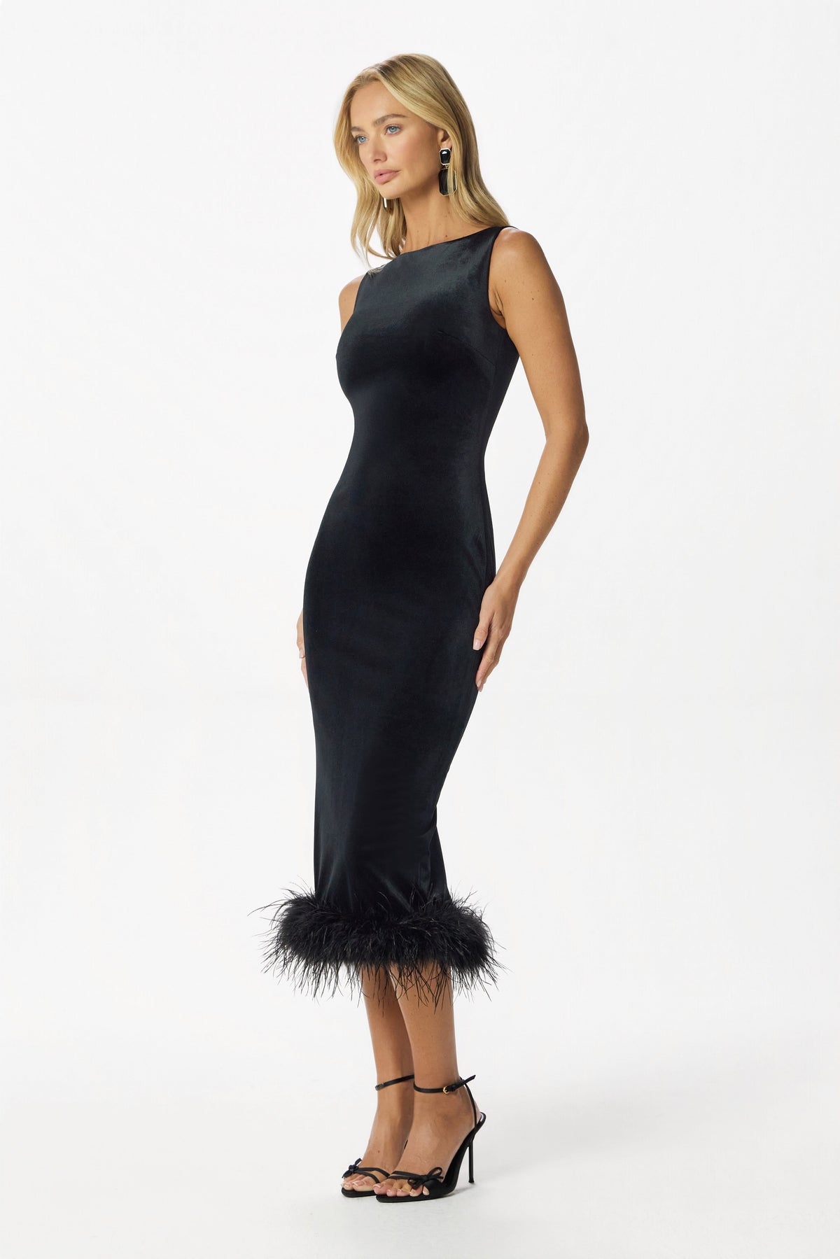 AYDA Velvet Feather Midi Dress in Black