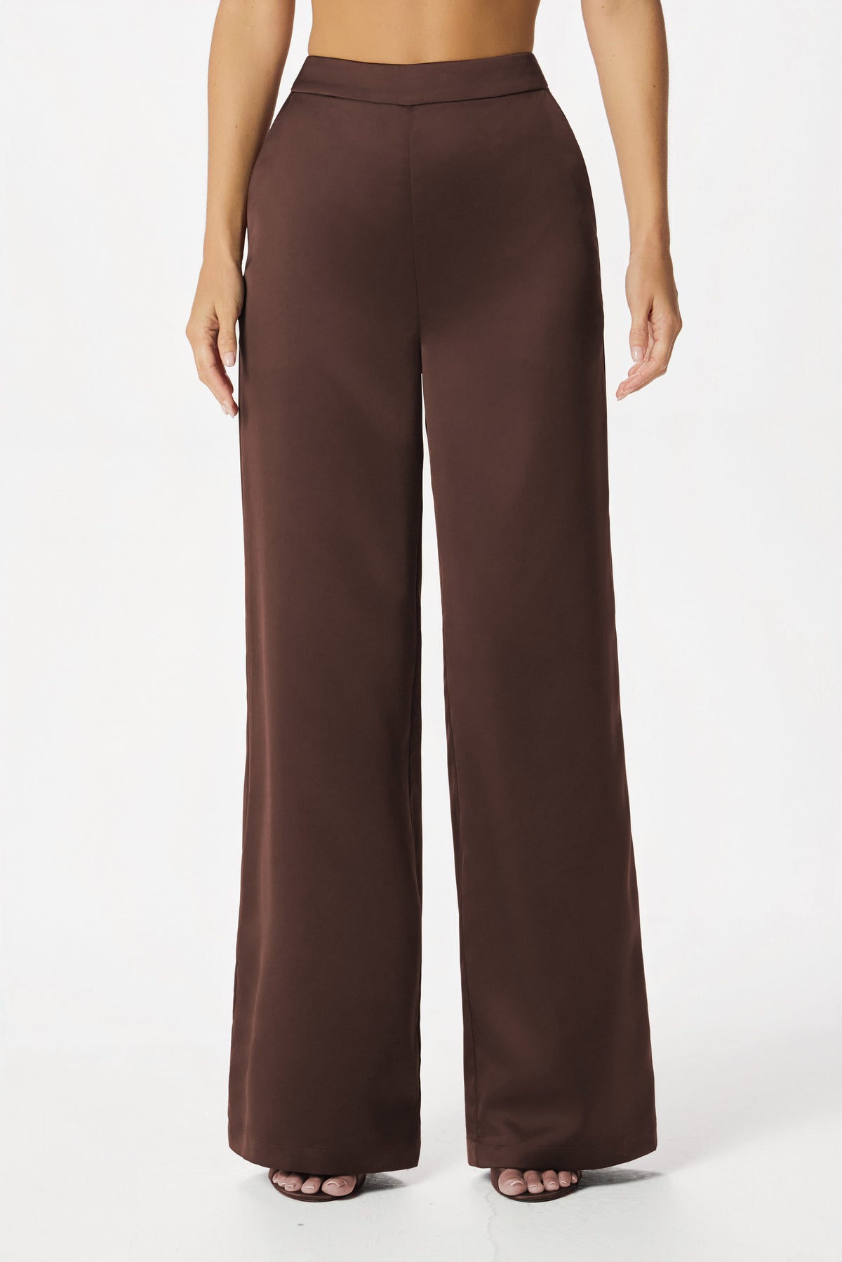 ELLIE Wide Leg Satin Trousers in Dark Brown