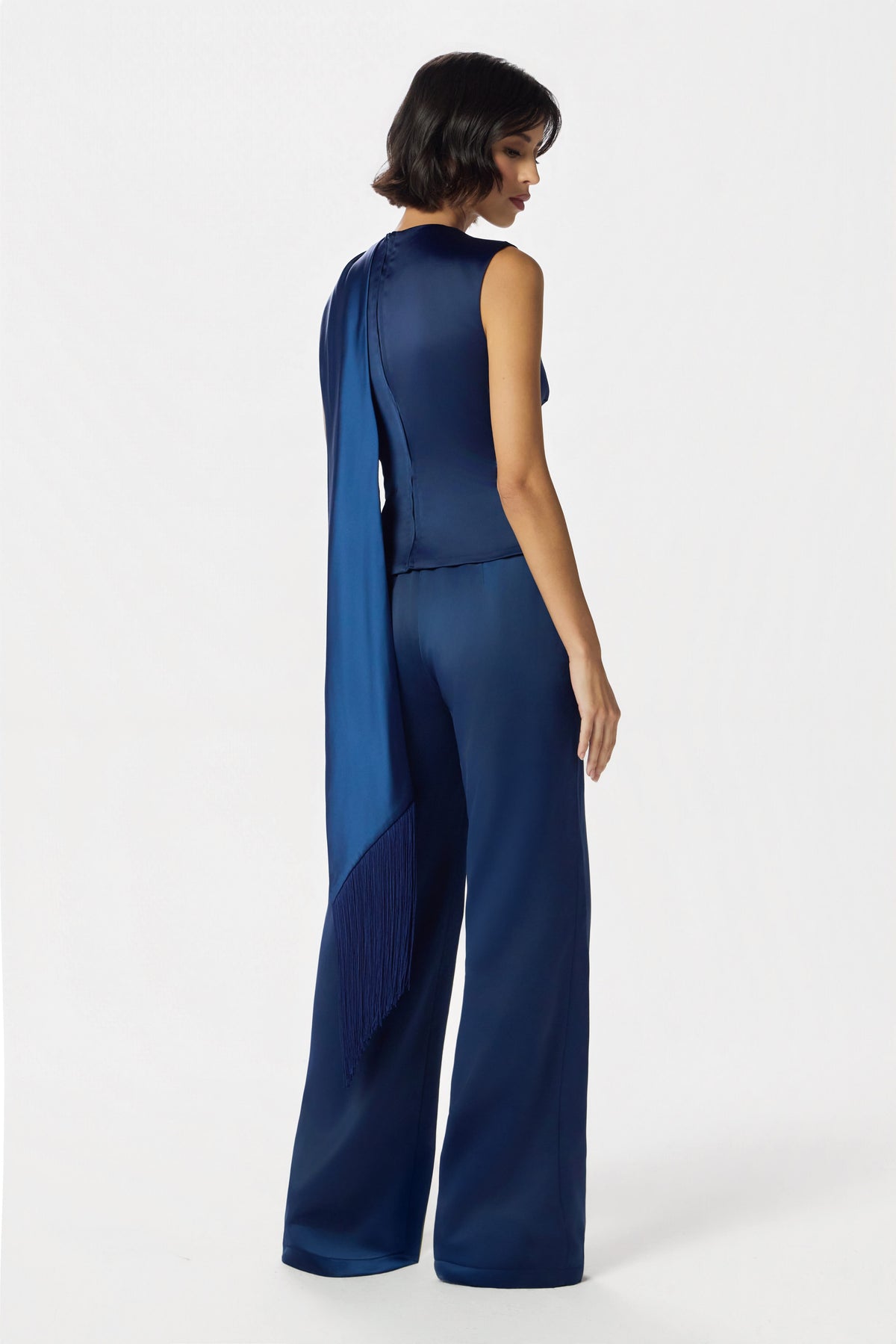 ELLIE Wide Leg Satin Trousers in Navy