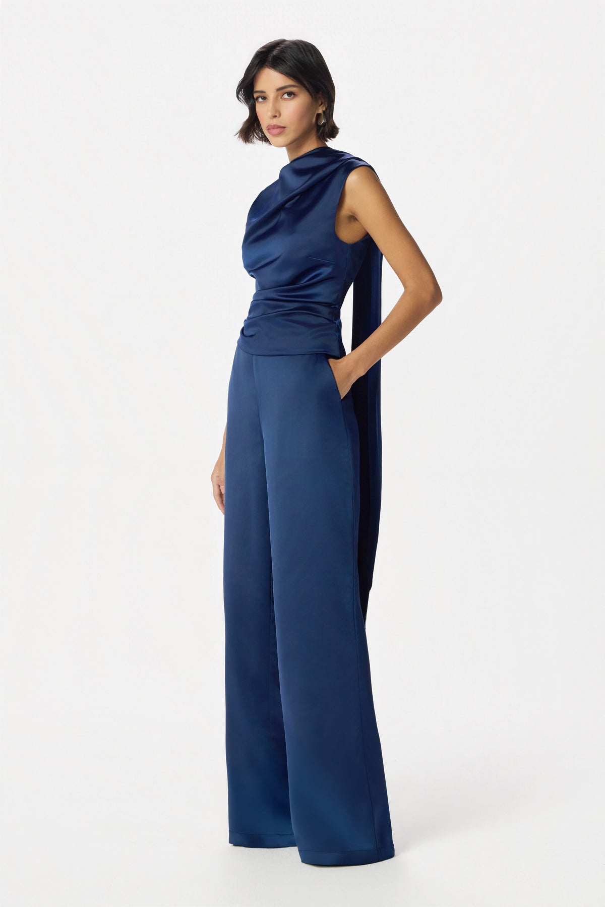 ELLIE Wide Leg Satin Trousers in Navy