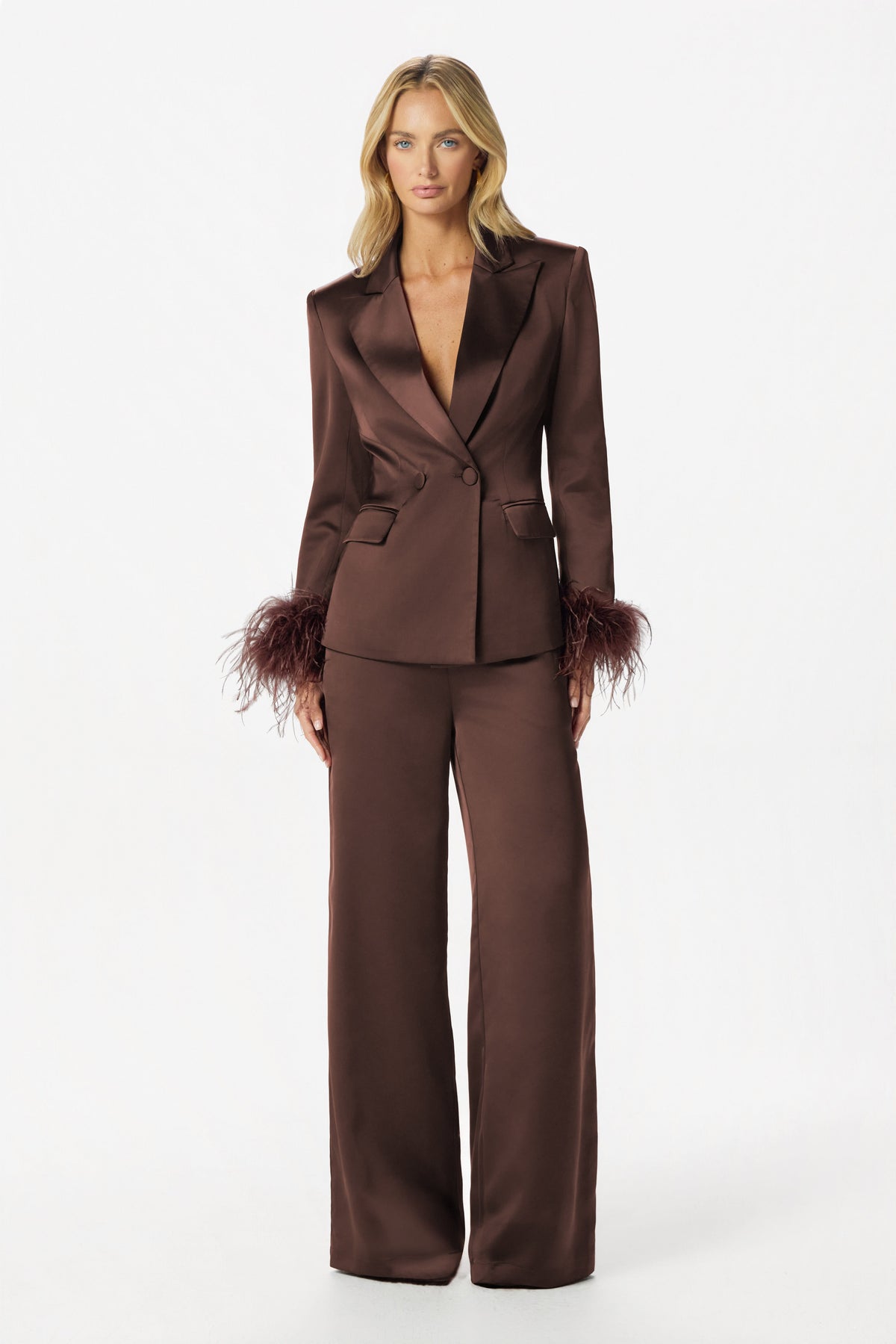INDIE Satin Feather Blazer in Dark Brown
