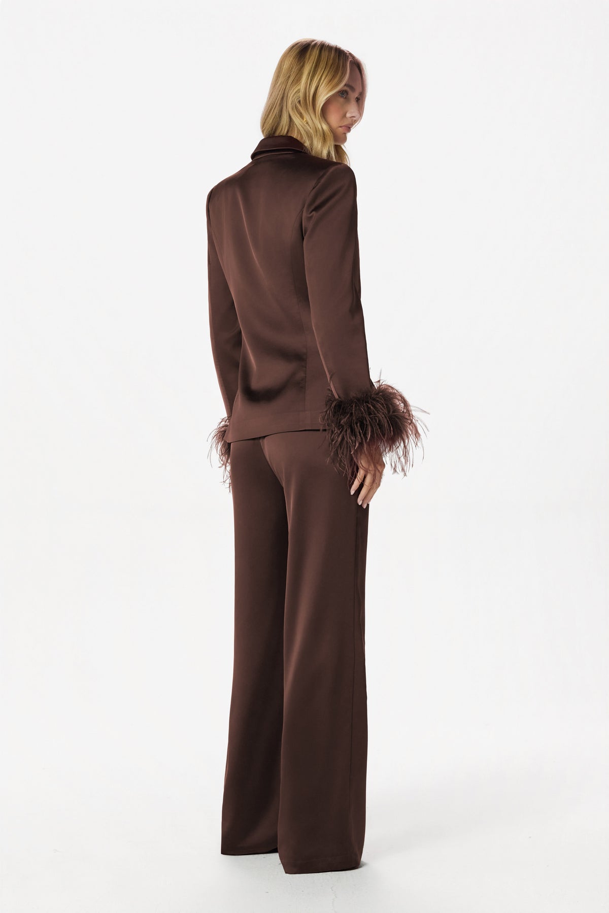 INDIE Satin Feather Blazer in Dark Brown