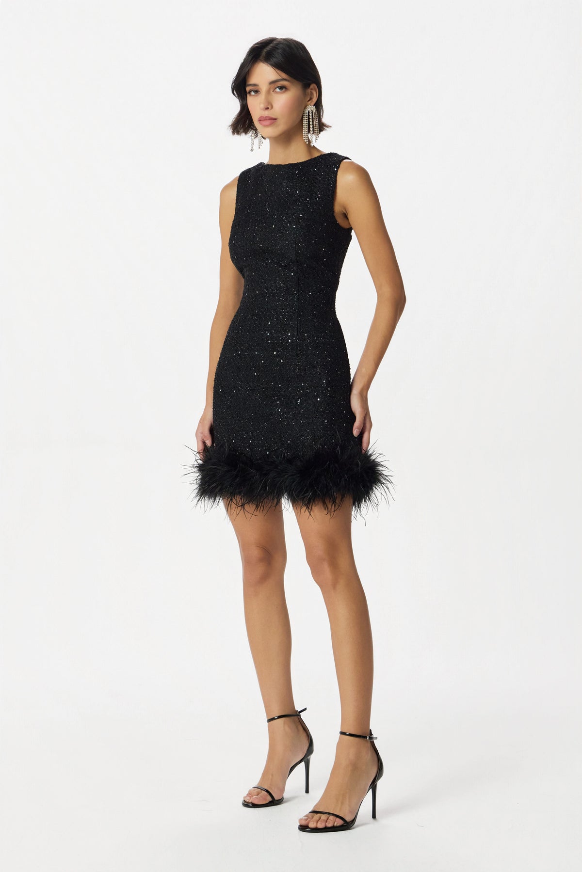 POPPI Boucle Feather Mini Dress in Black