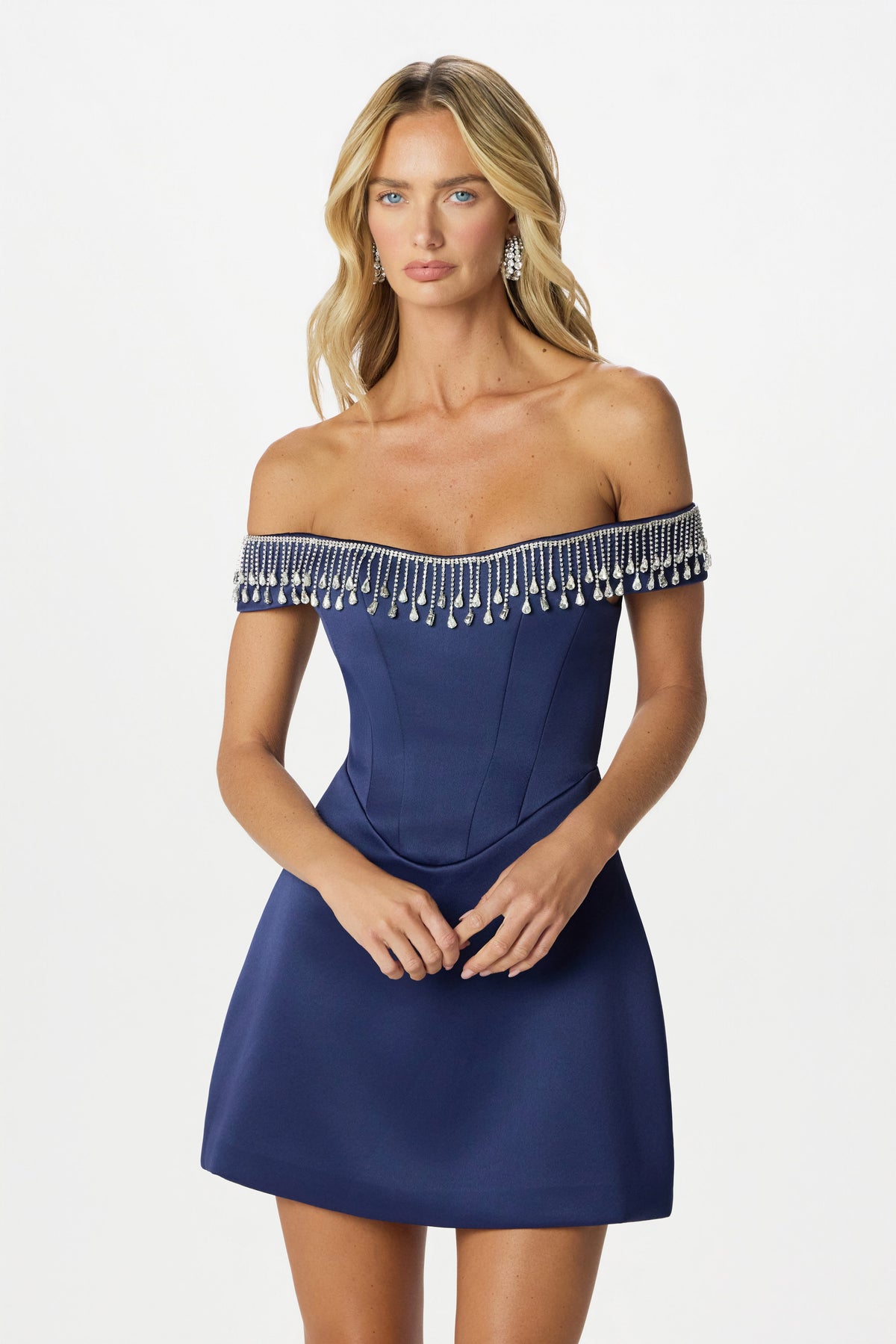 THEA Embellished Satin Mini Dress in Navy