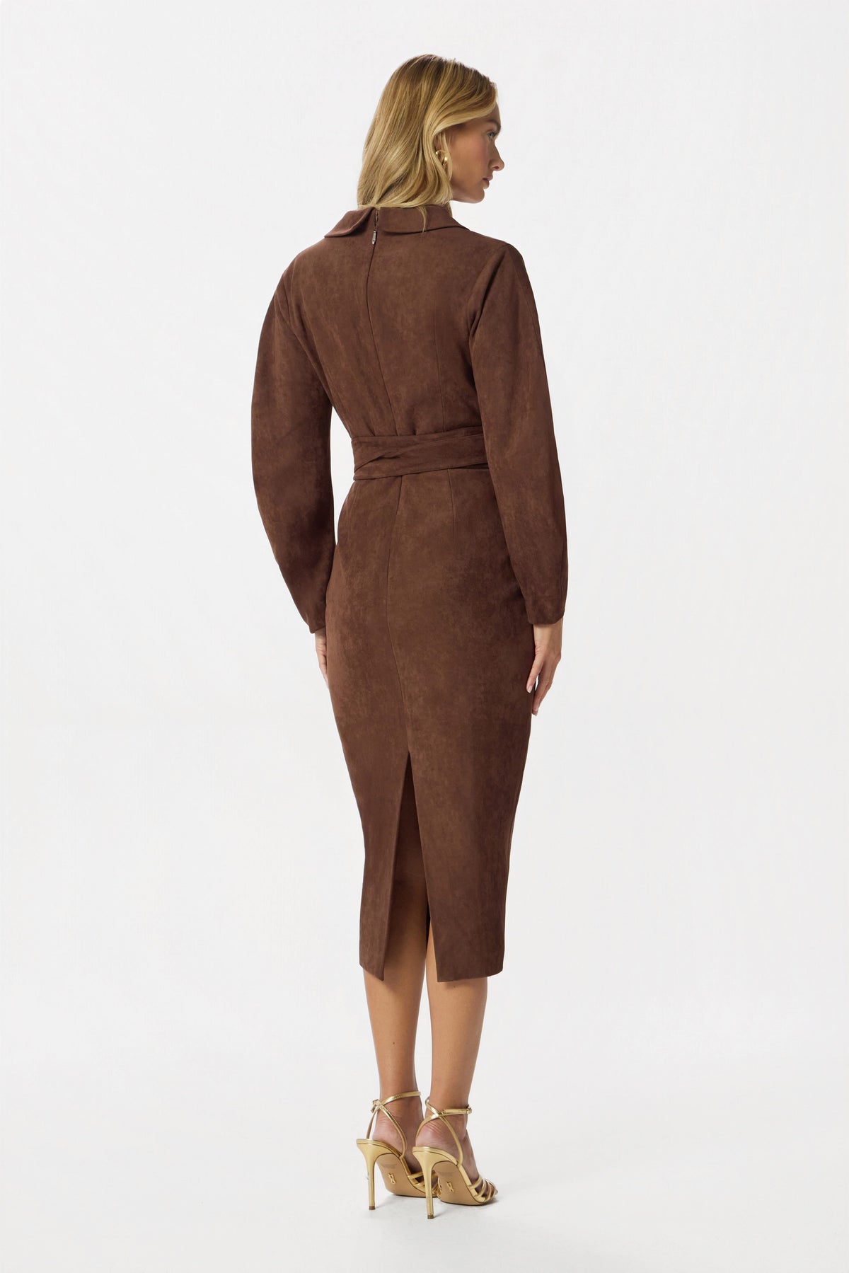 WILLOW Faux Suede Midi Dress In Dark Brown