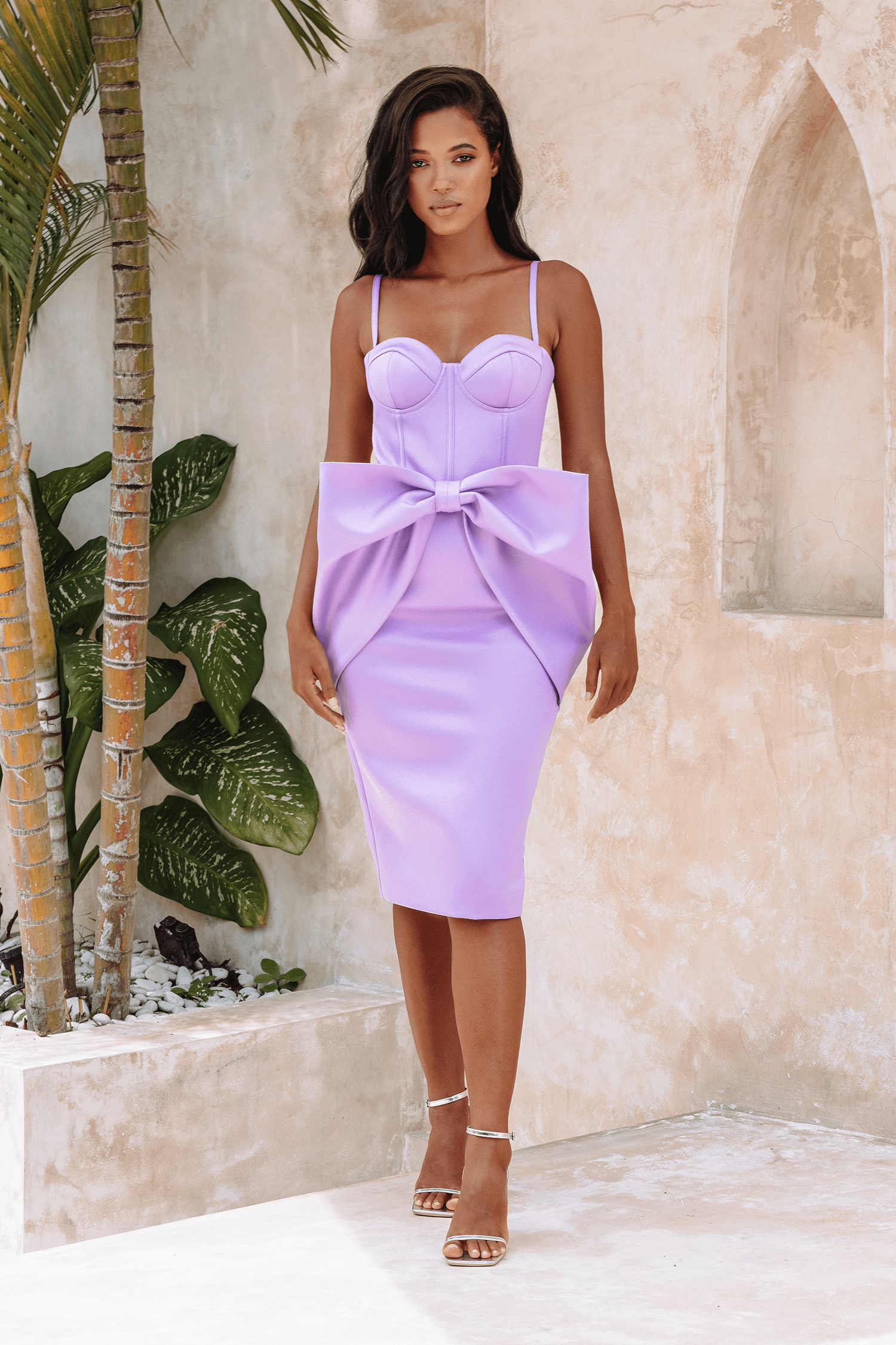 SHILOH Extreme Bow Corset Detail Midi Dress In Lavender Satin - Lavish Alice