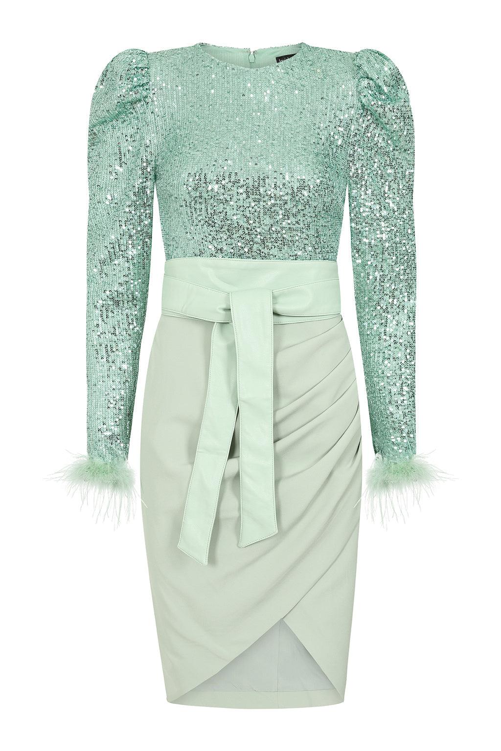 ALYSSA Sequin Feather Embellished Midi Dress In Sage - Lavish Alice