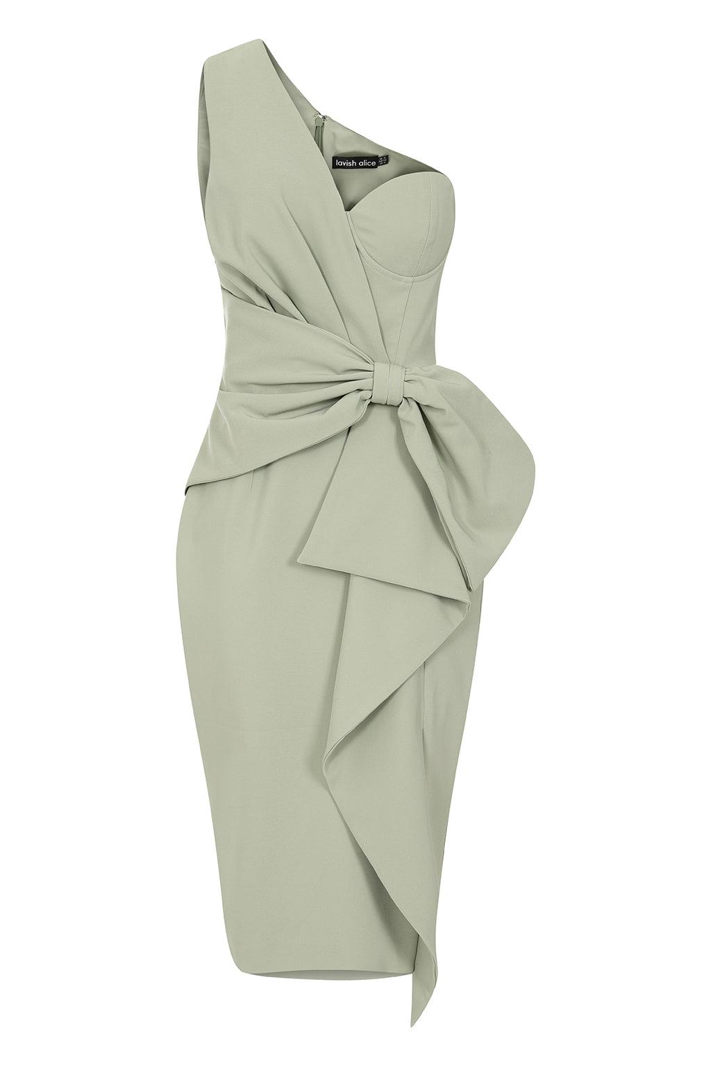 SUTTON One Shoulder Bow Drape Midi Dress In Sage - Lavish Alice