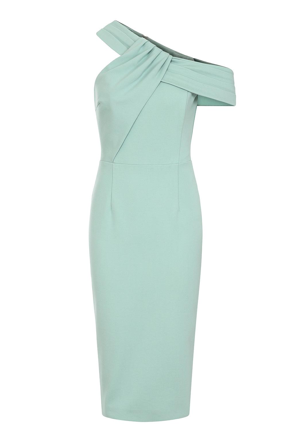 SERENA One Shoulder Asymmetric Ponte Midi Dress In Sage - Lavish Alice