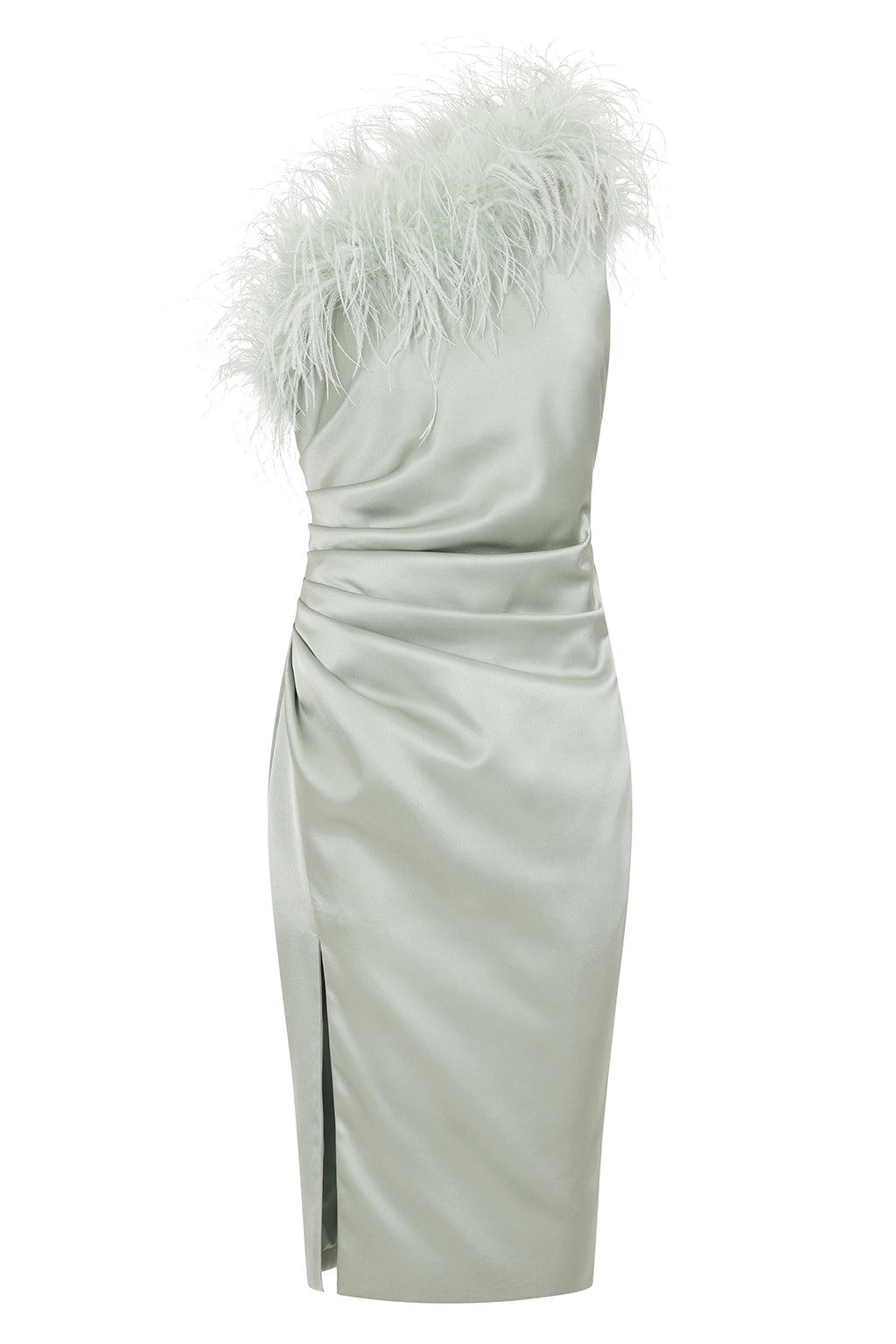ALANA Feather One Shoulder Bonded Satin Midi Dress In Sage - Lavish Alice