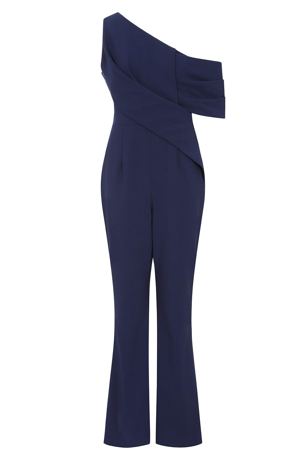 RYLIE One Shoulder Pleat Detail Jumpsuit In Navy - Lavish Alice