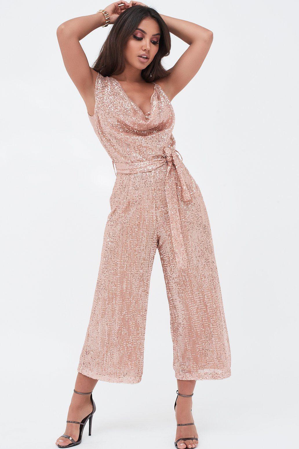 Pleated Sequin Cowl Neck Culotte Jumpsuit In Pink - Lavish Alice