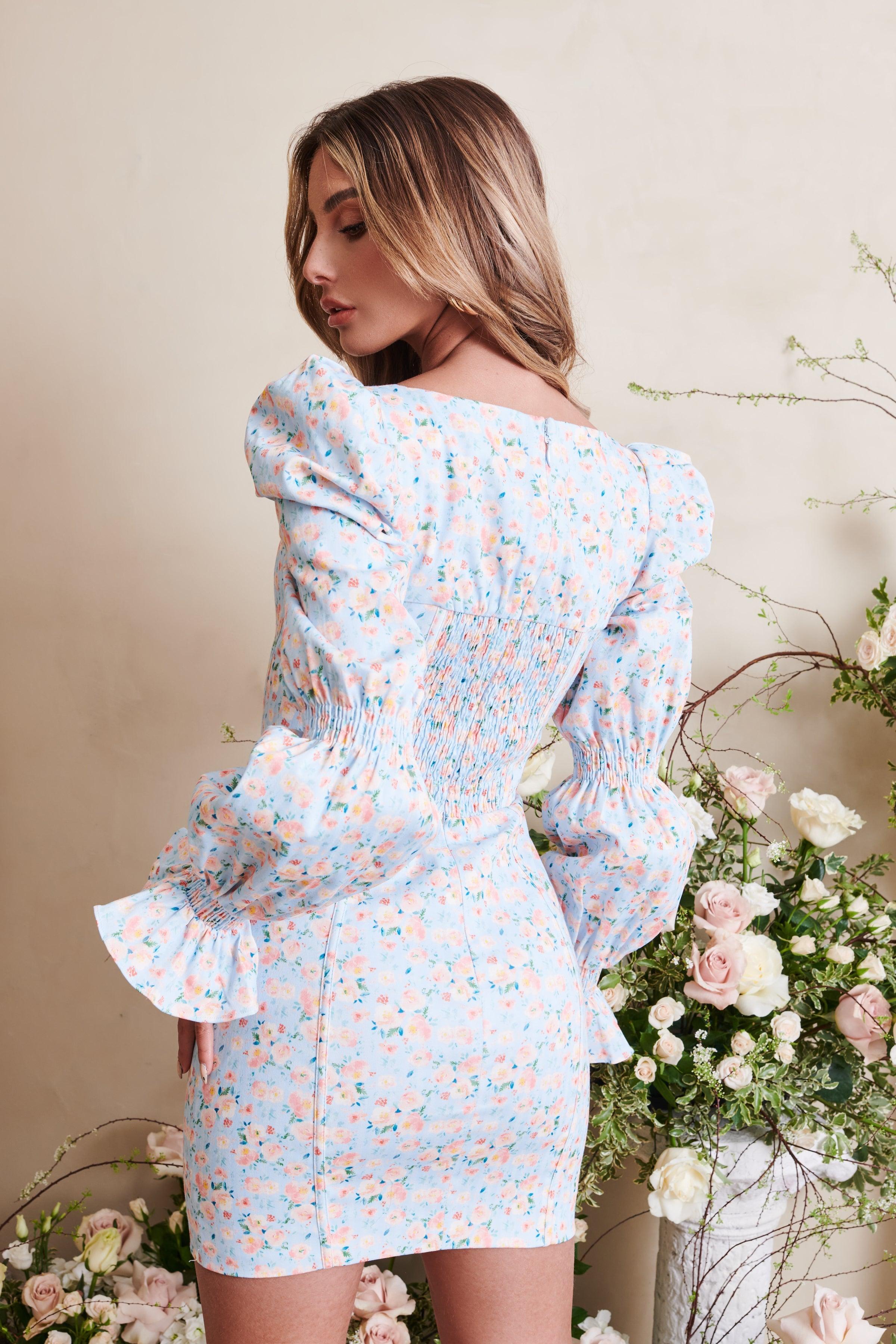 CHARLEE Balloon Sleeve Mini Dress In Blue Floral - Lavish Alice