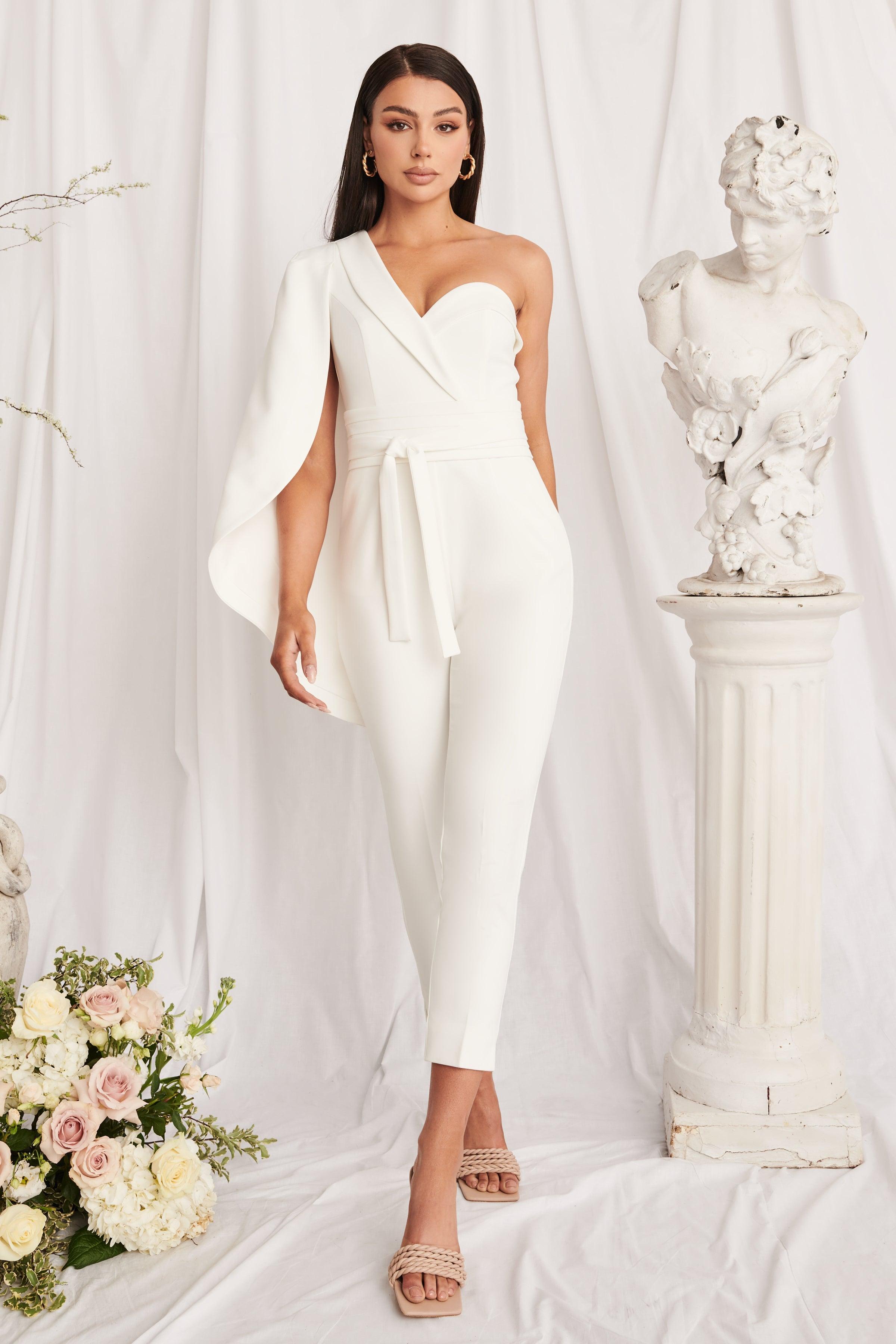 SIOBHAN Tailored One Shoulder Cape Jumpsuit in White - Lavish Alice