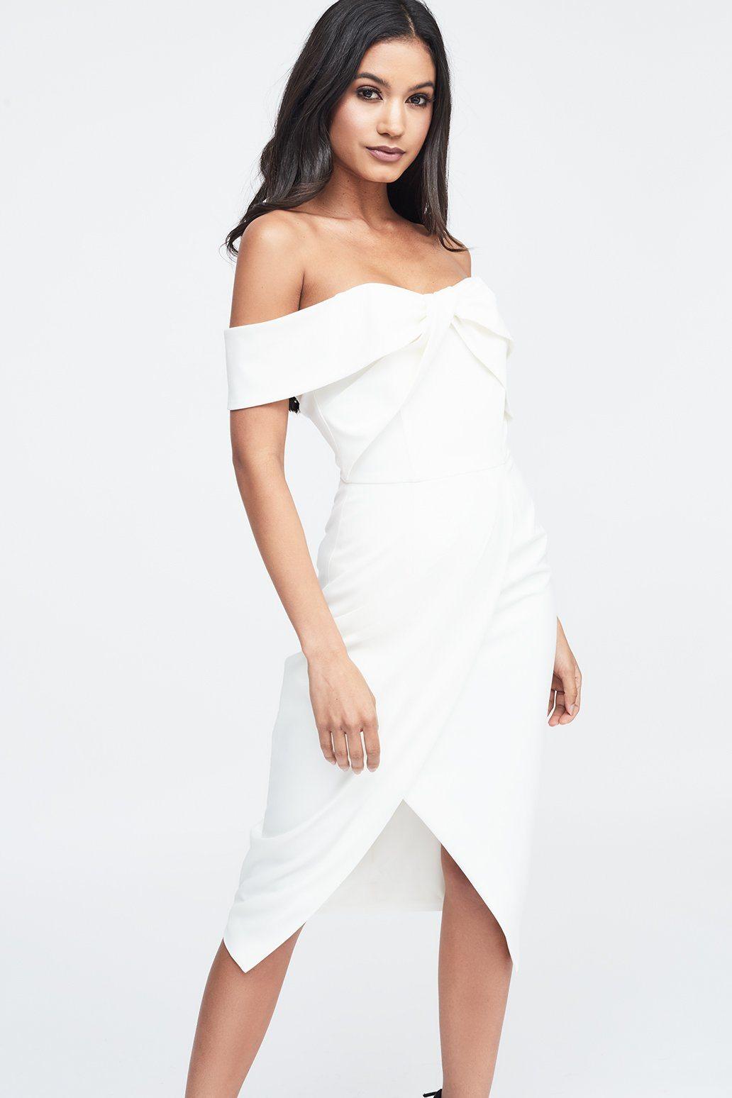 Woven Twist Bardot Midi Dress in White - Lavish Alice