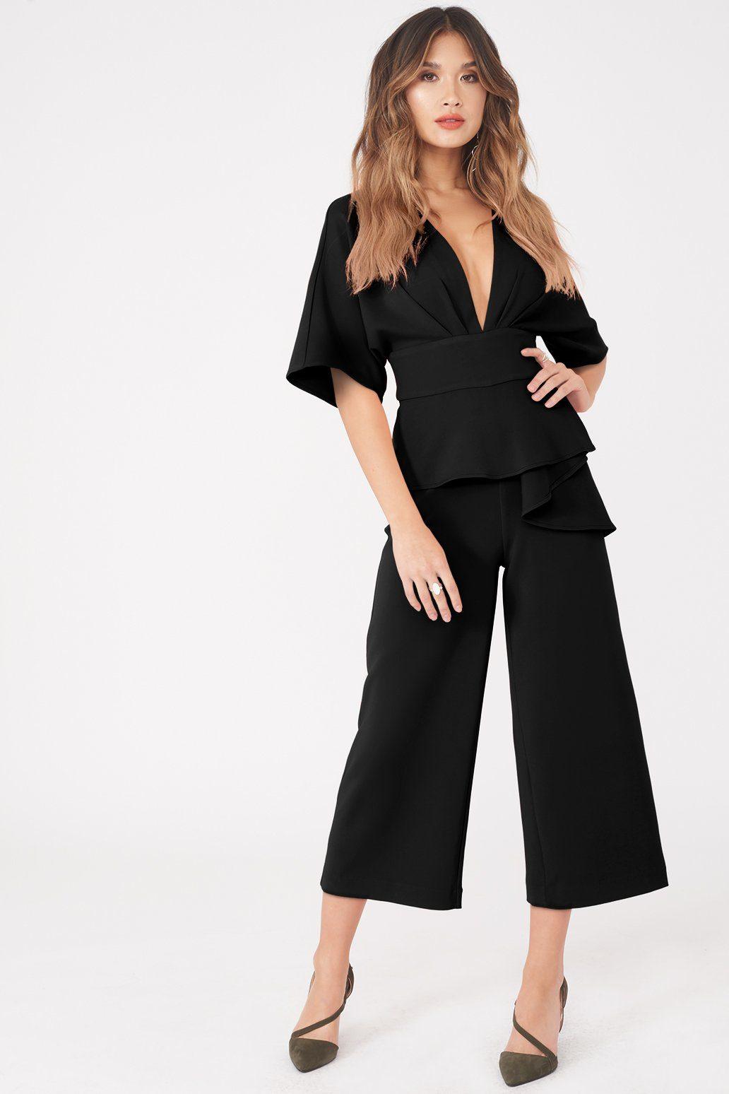 Kimono Sleeve Peplum Detail Culotte Jumpsuit in Black - Lavish Alice